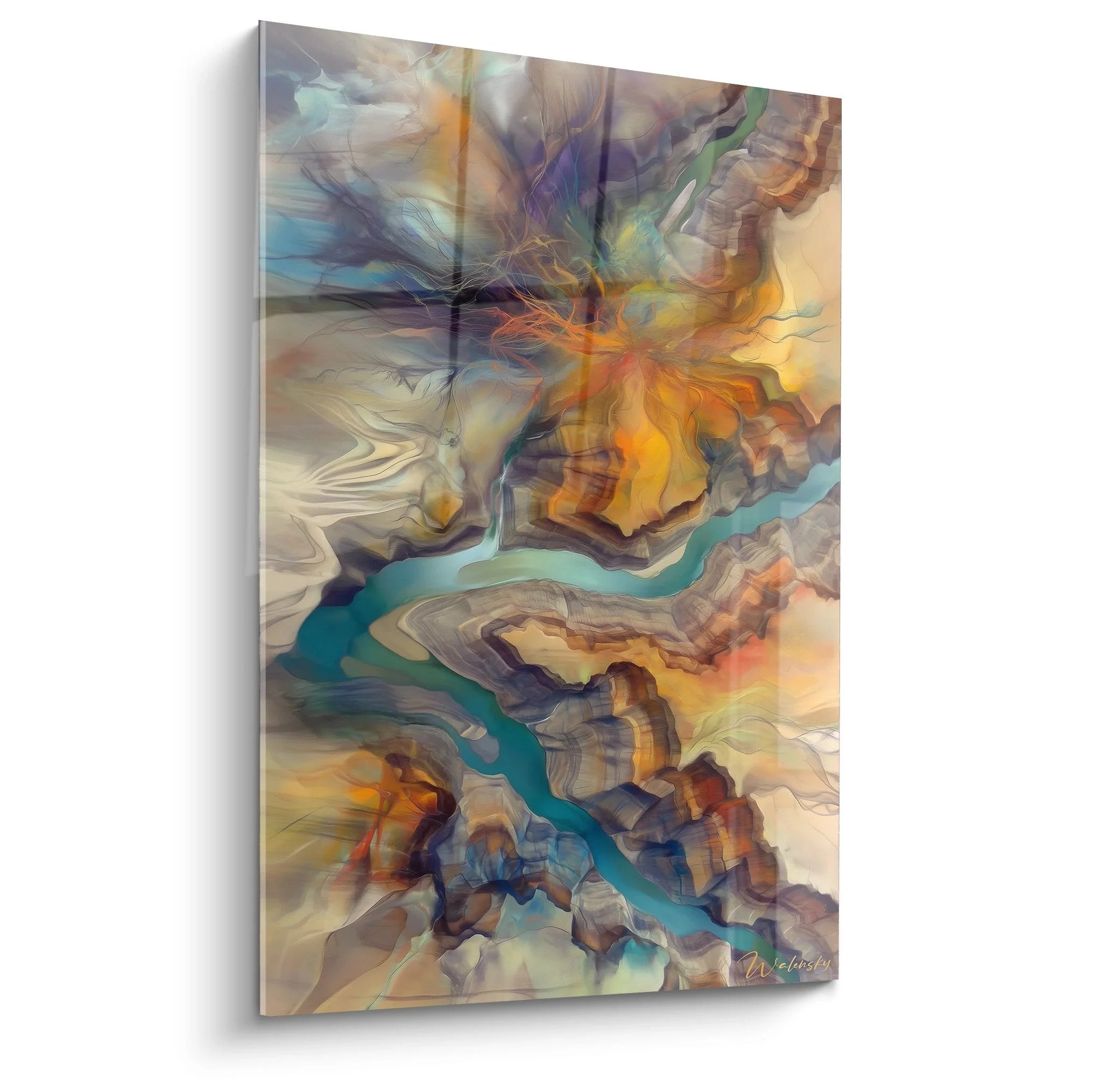 Abstraktes Wandbild Canyon-Landschaft mit türkisem Fluss durch warme Gesteinsschichten in Erdtönen