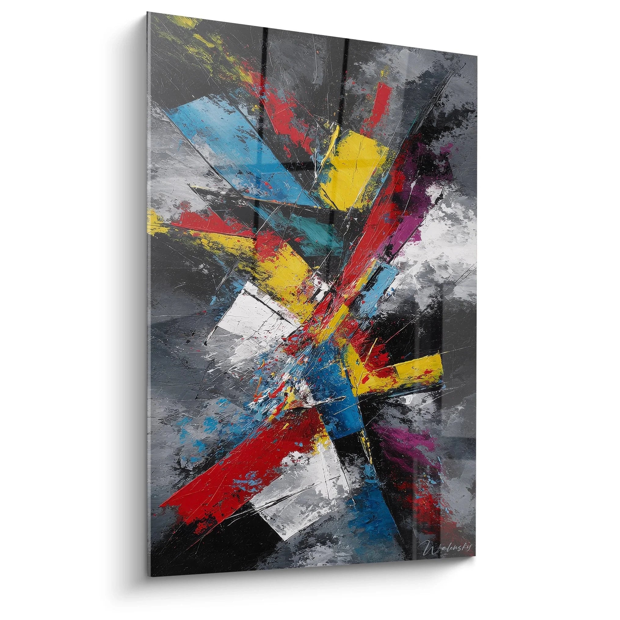 Wandbild abstrakte Explosion mit dynamischen Farben und geometrischen Elementen auf grauem Hintergrund