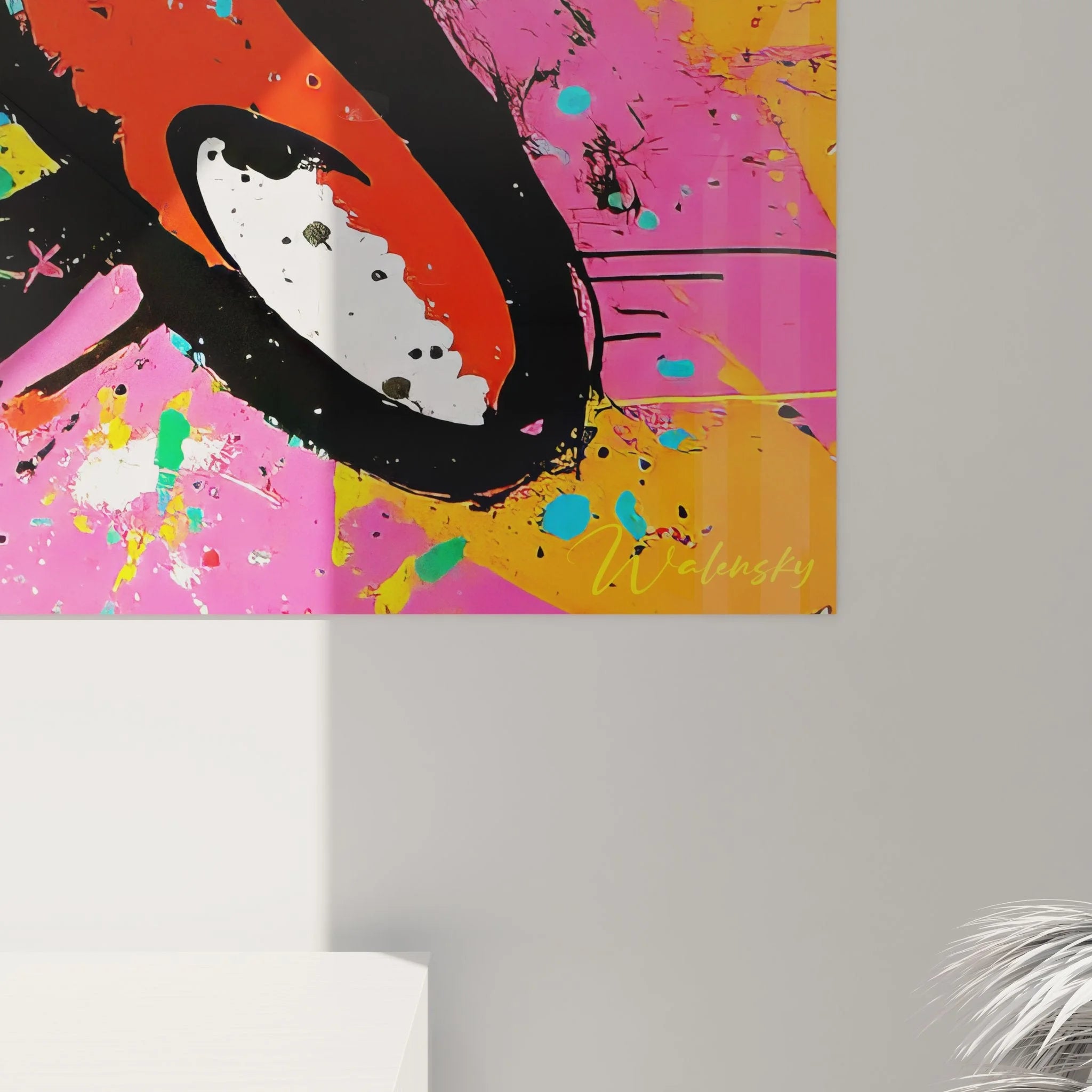 Gesamtansicht Wandbild abstrakte Explosion in leuchtenden Gelb-, Pink- und Türkistönen