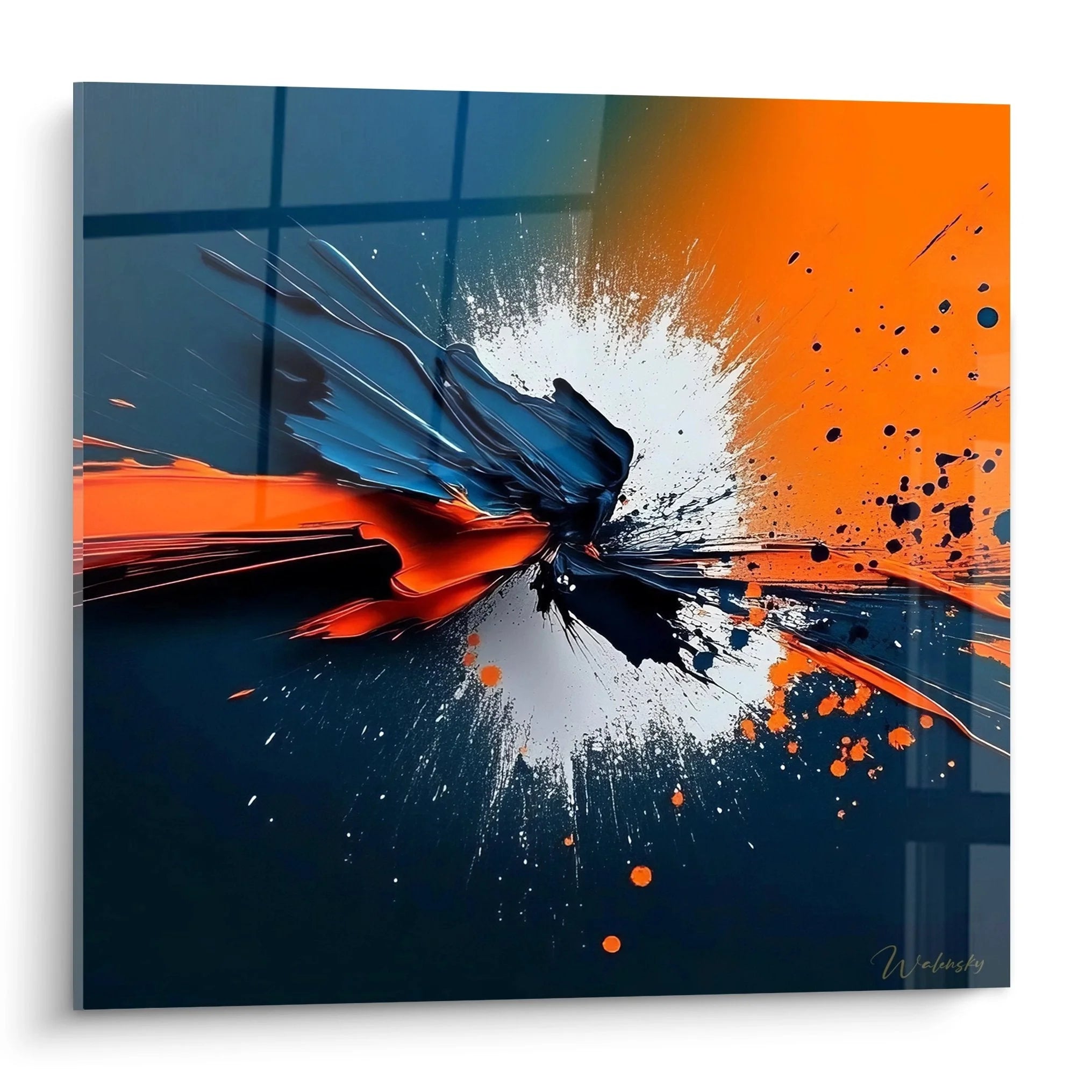 Wandbild abstrakte Explosion mit blauen und orangen Farbspritzern - moderne Wandkunst