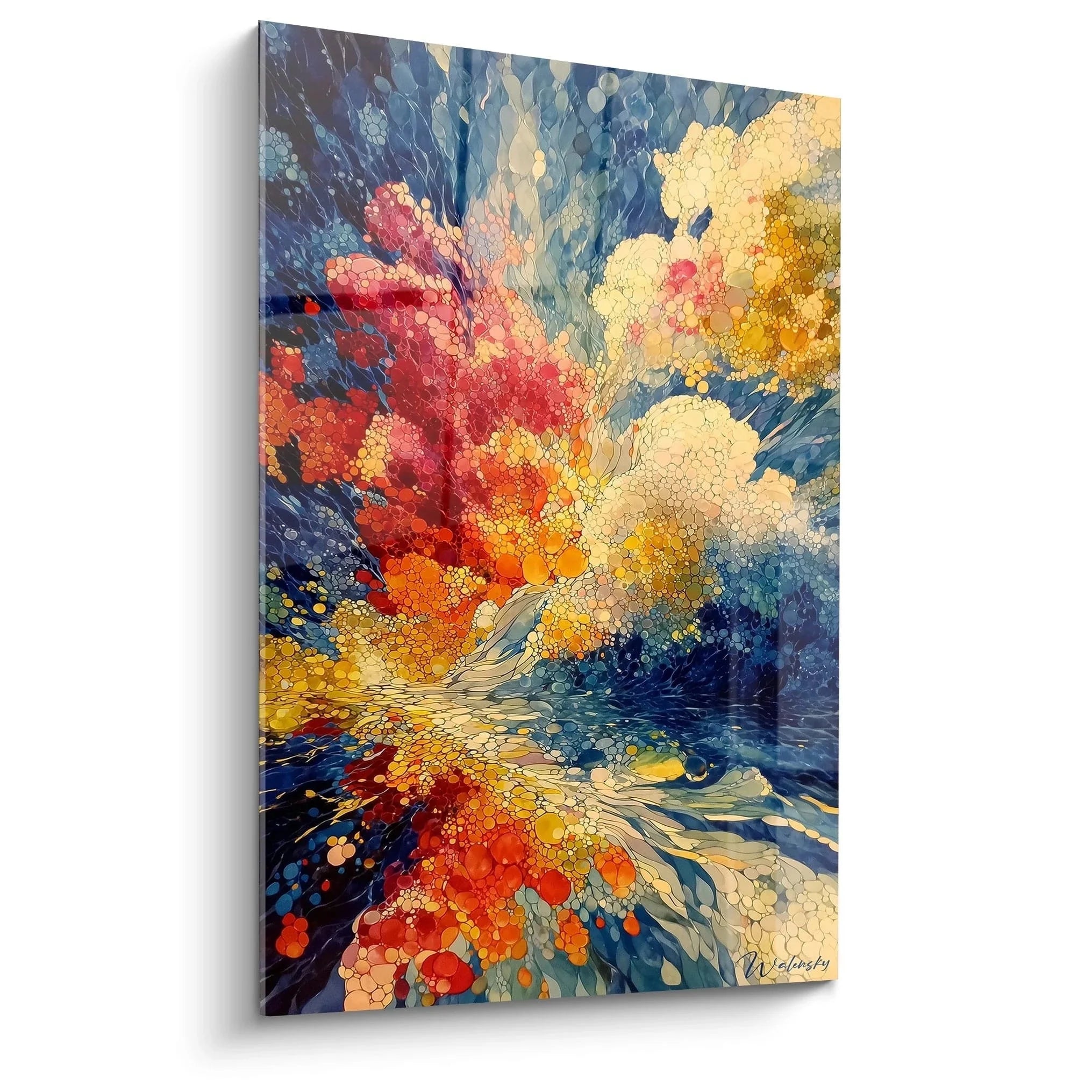 Wandbild abstrakte Explosion in Pointillismus Technik mit roten und blauen Farbpunkten auf Leinwand