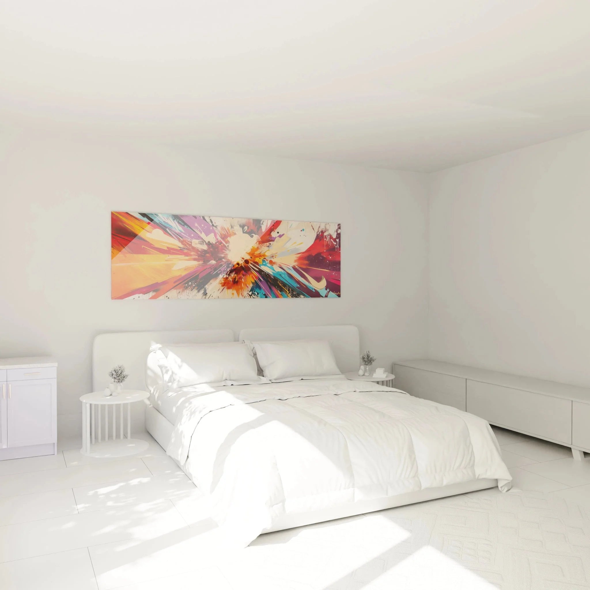 Wandbild abstrakte Farbexplosion im Schlafzimmer - moderne zeitgenössische Wanddekoration mehrfarbig