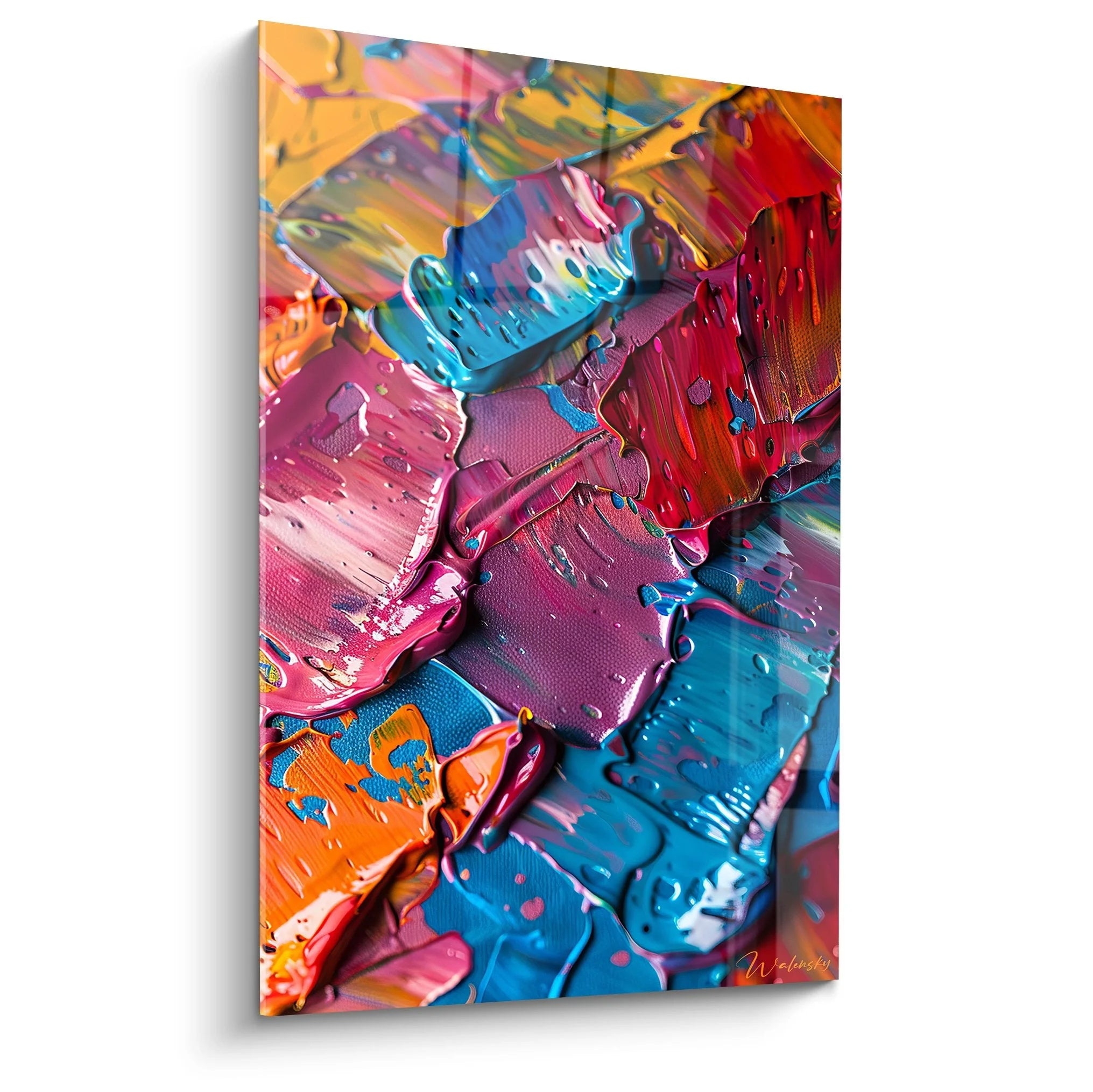 Wandbild abstrakte Farben mit dynamischen Pinselstrichen in Rot, Blau und Orange - Malerei-Optik