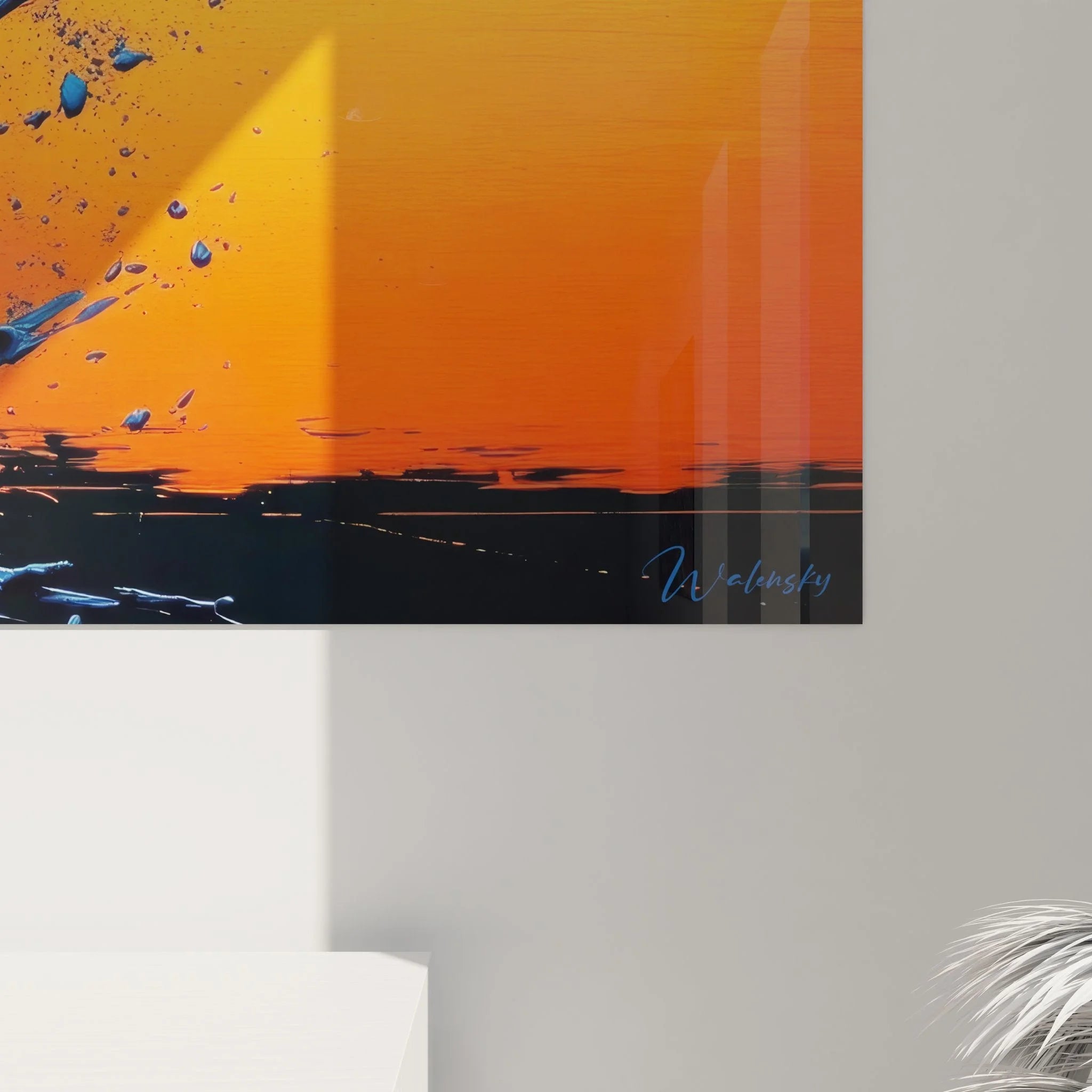 Gesamtansicht Wandbild abstrakte Farbexplosion XXL Format, dynamische Wandkunst Orange Blau Komposition