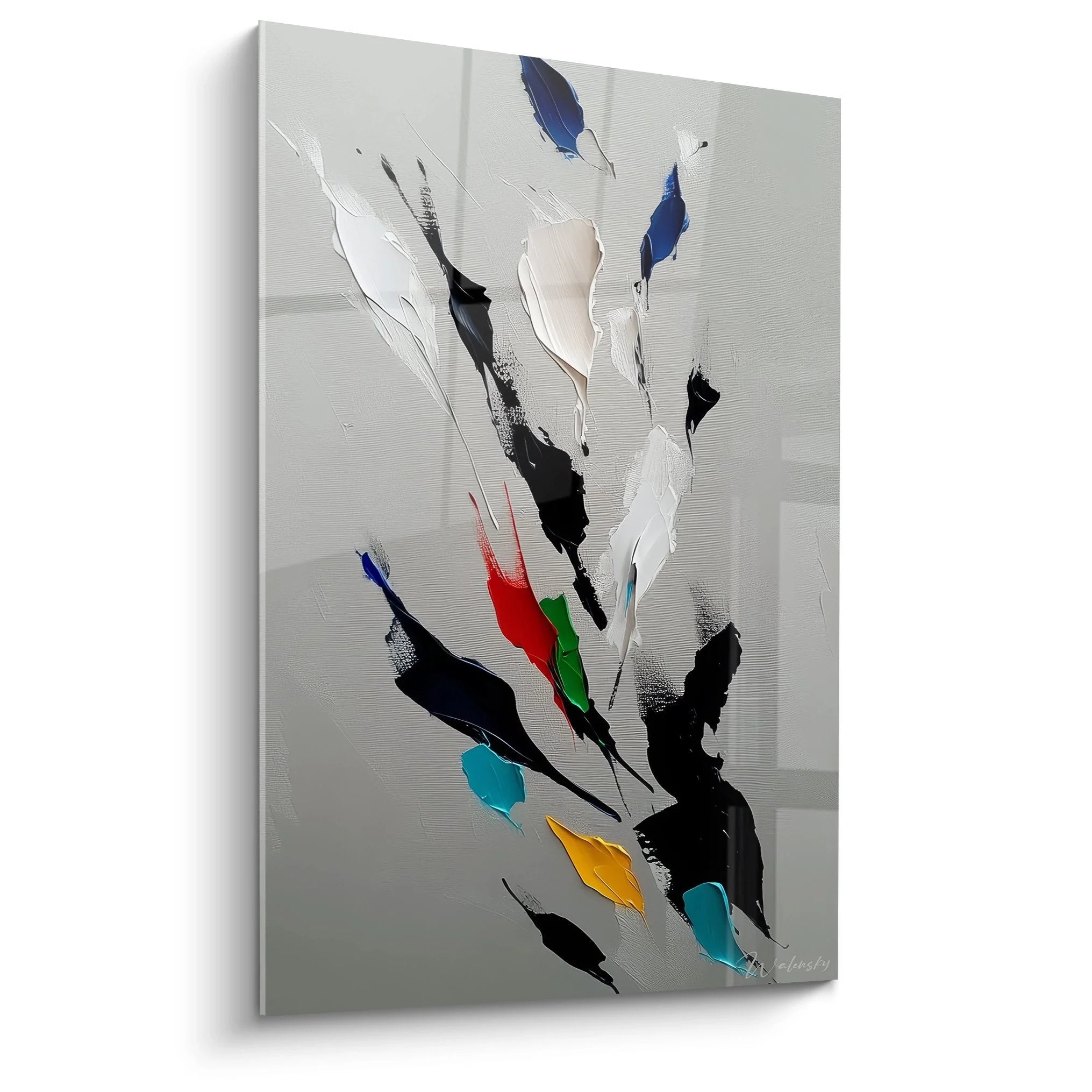 Wandbild abstrakte Farbfedern Minimalismus auf grauem Hintergrund mit bunten Akzenten