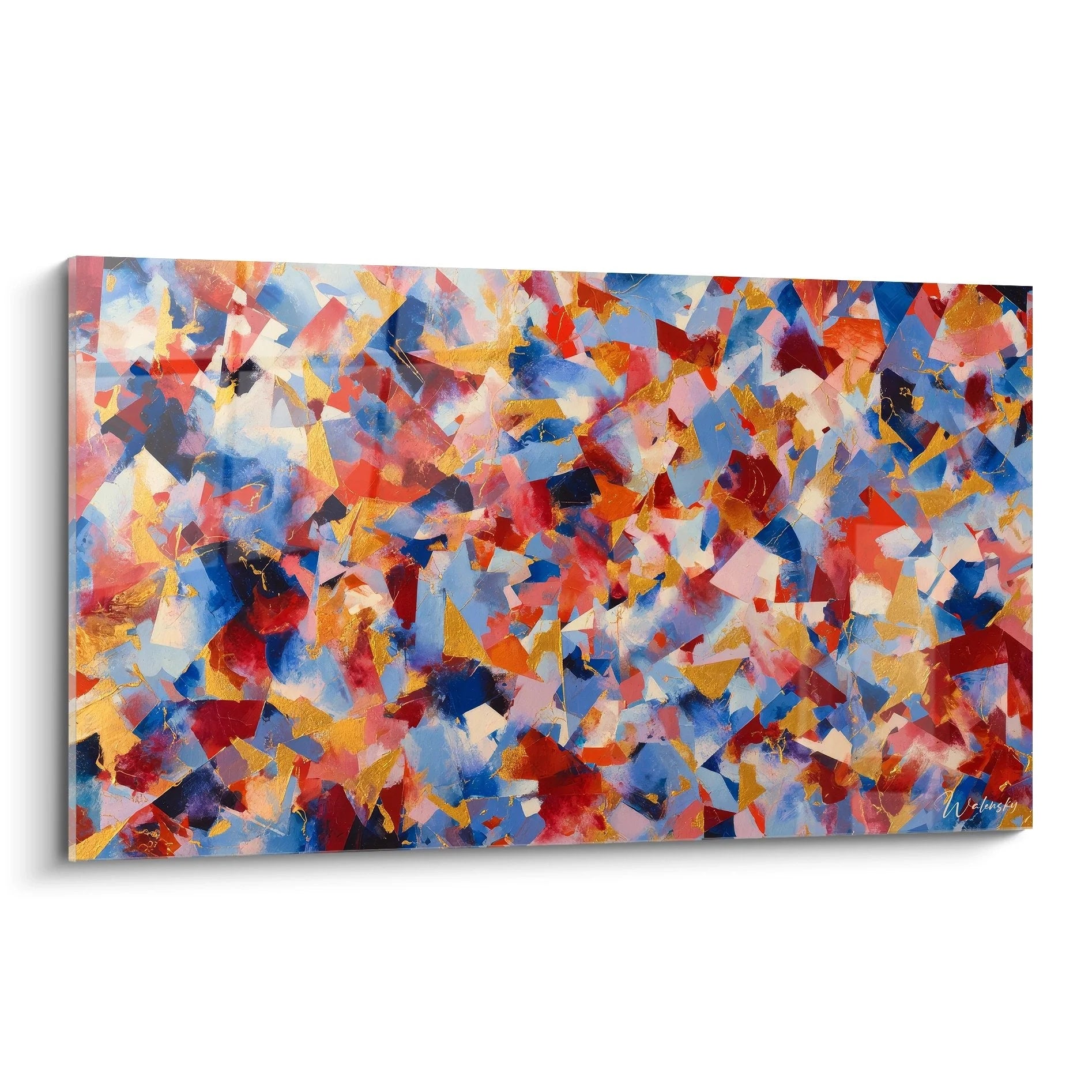 Wandbild abstrakte Farbkollage mit dynamischen geometrischen Fragmenten in Rot, Blau und Gold