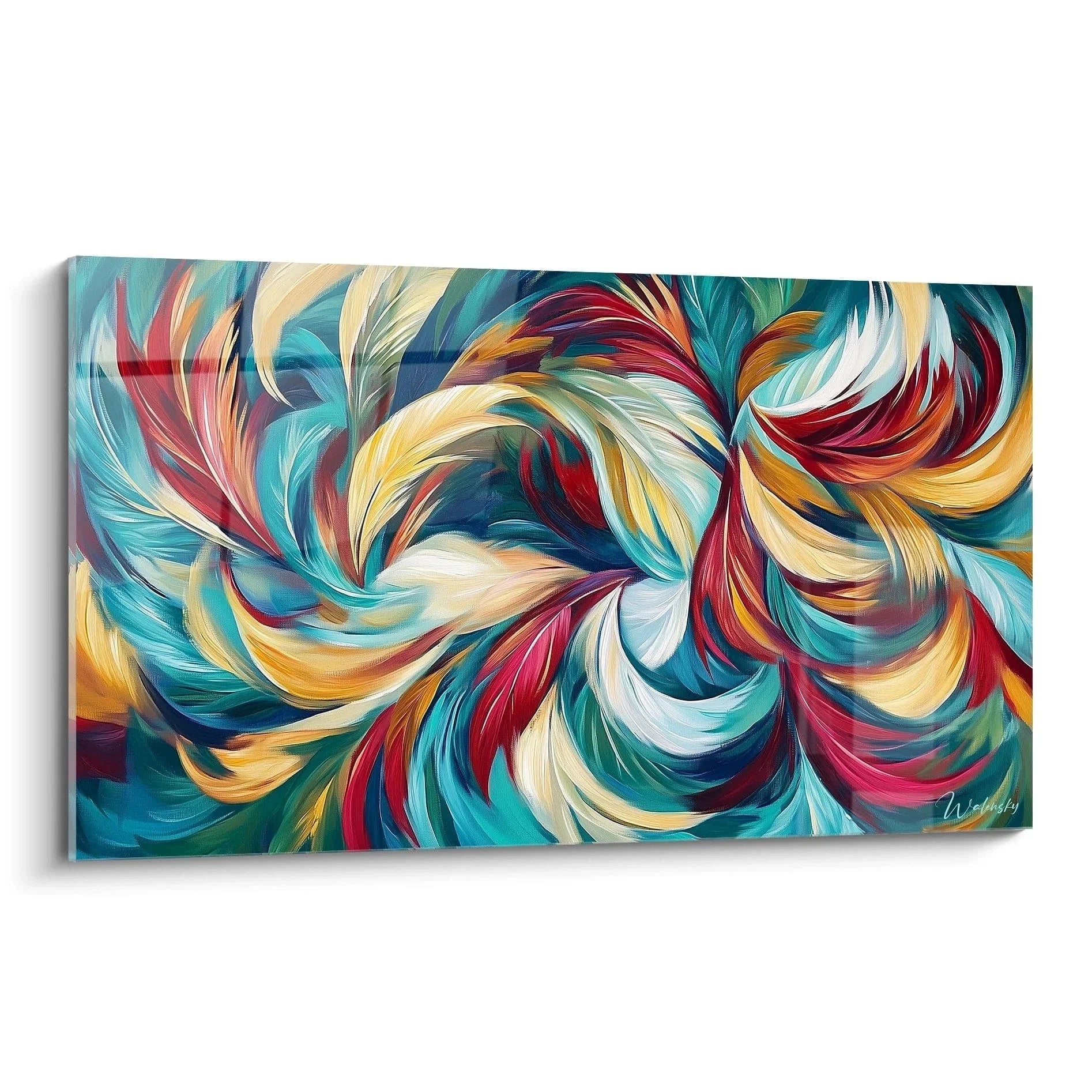 Wandbild abstrakte Farbwirbel mit türkisen, roten und goldenen Spiralen - moderne Kunst XXL