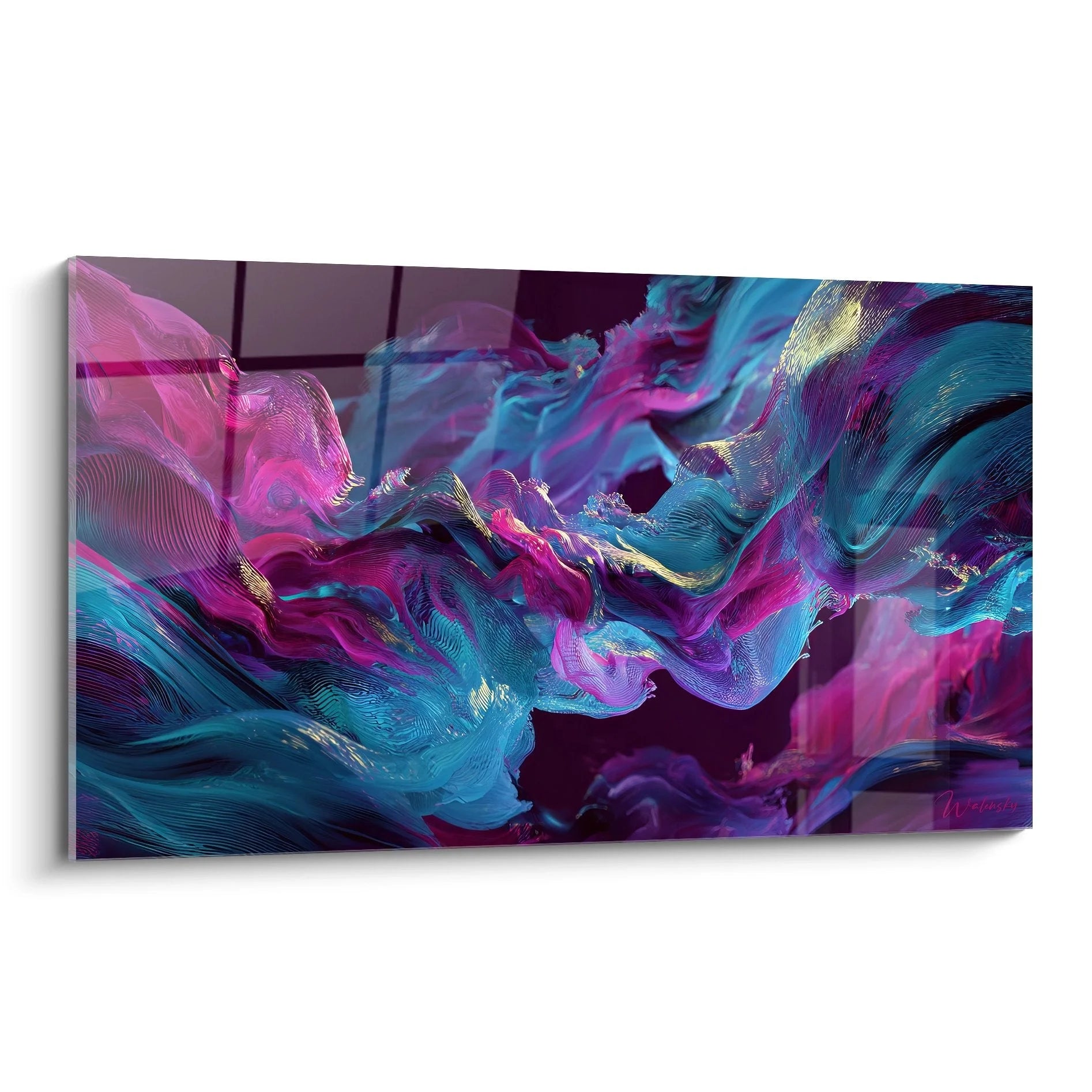 Wandbild abstrakte flüssige Dimensionen in Cyan und Magenta - futuristische Wandkunst XXL