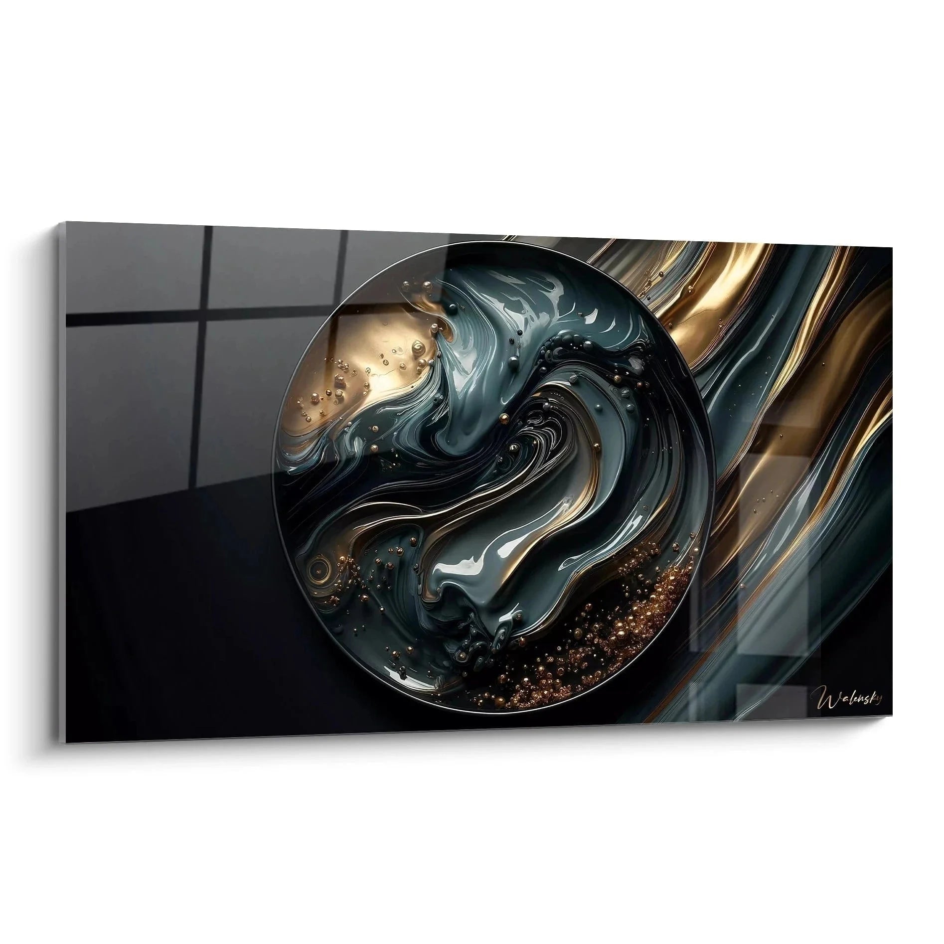 Wandbild abstrakte Flüssigkeiten in Gold und Schwarz mit Yin-Yang Motiv zeitgenössische Kunst