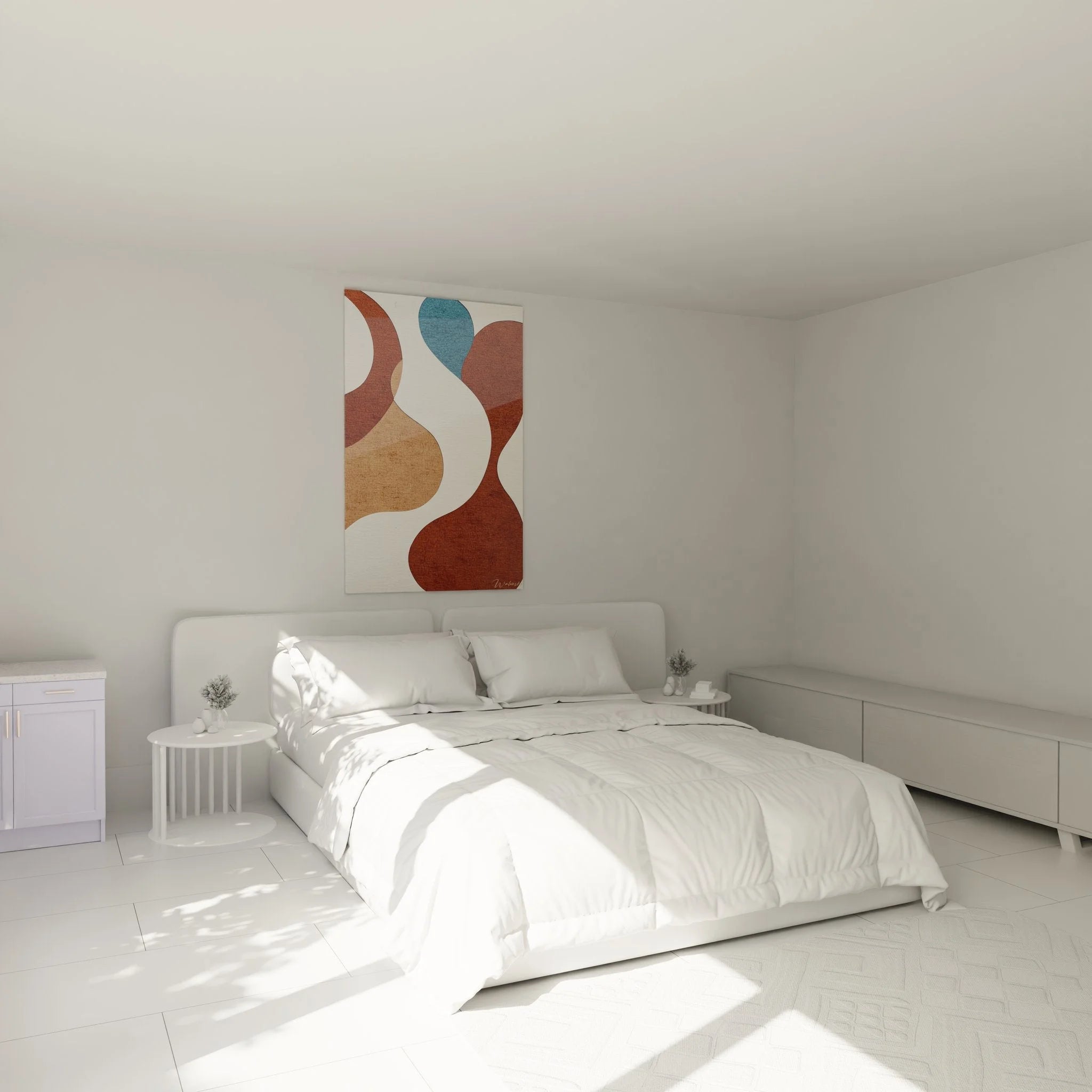 Wandbild abstrakte Formen im Schlafzimmer - Minimalistische Wandkunst in warmen Erdtönen