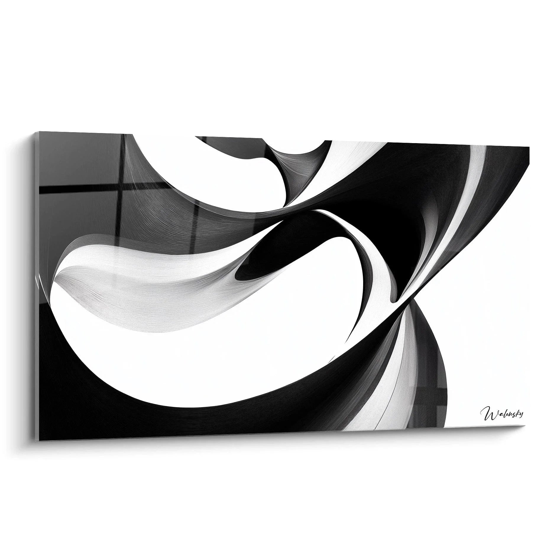 Wandbild abstrakte Formen schwarz-weiß mit dynamischen Schwüngen und modernen grafischen Elementen