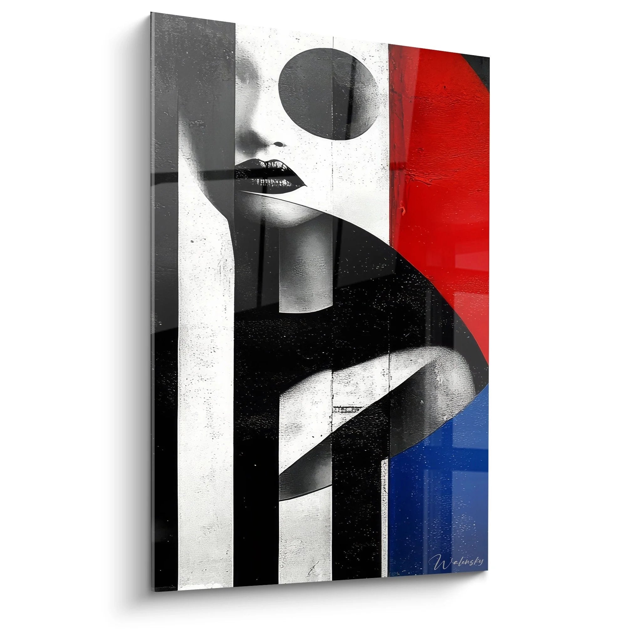 Wandbild abstrakte Frau geometrisch mit roten und blauen Akzenten - Mode-Gesicht Edition