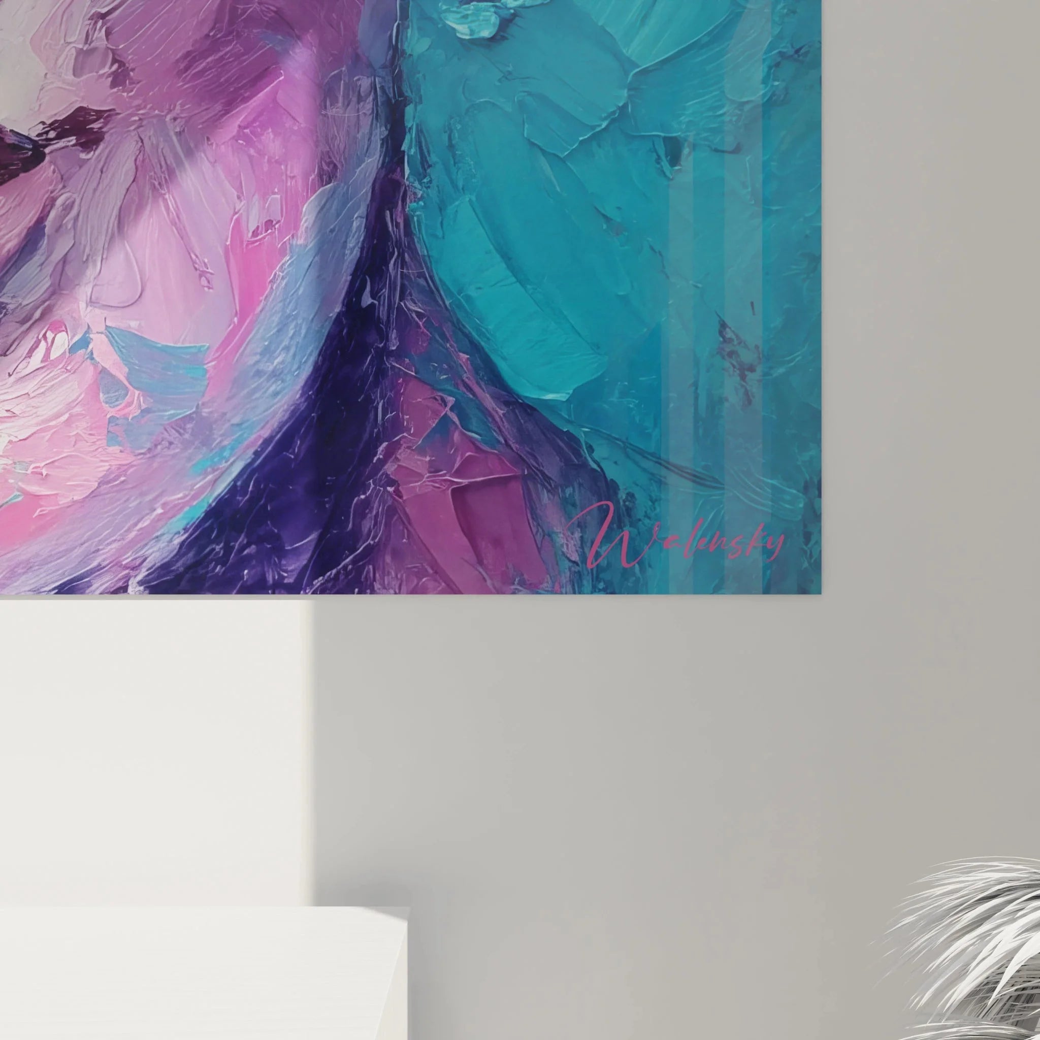 Gesamtansicht Wandbild abstrakte Frau XXL Format moderne Wandkunst farbige Portraitmalerei Übersicht