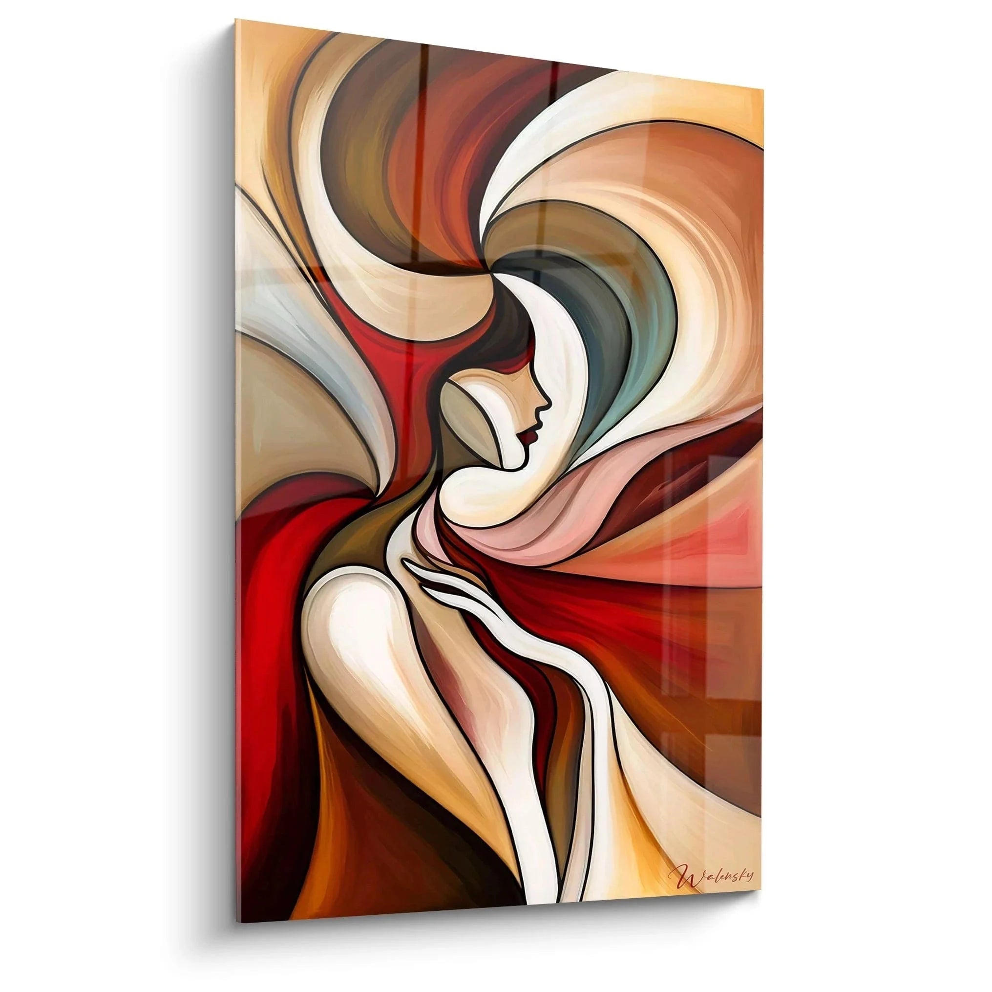 Wandbild abstrakte Frau kubistisch mit fließenden Formen in warmen Erdtönen und Rottönen