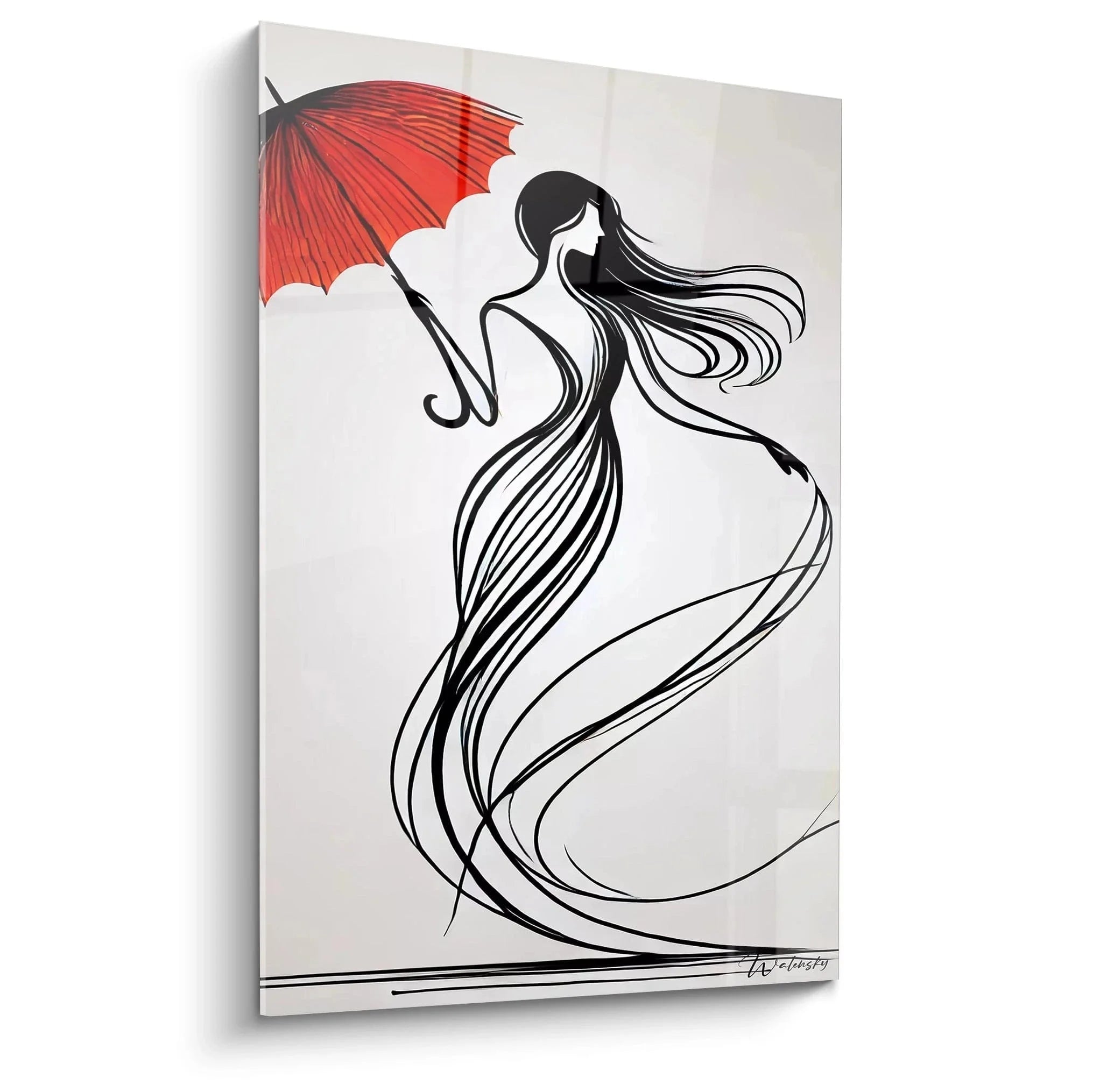Wandbild abstrakte Frau mit rotem Regenschirm in schwarz-weiß Linienkunst