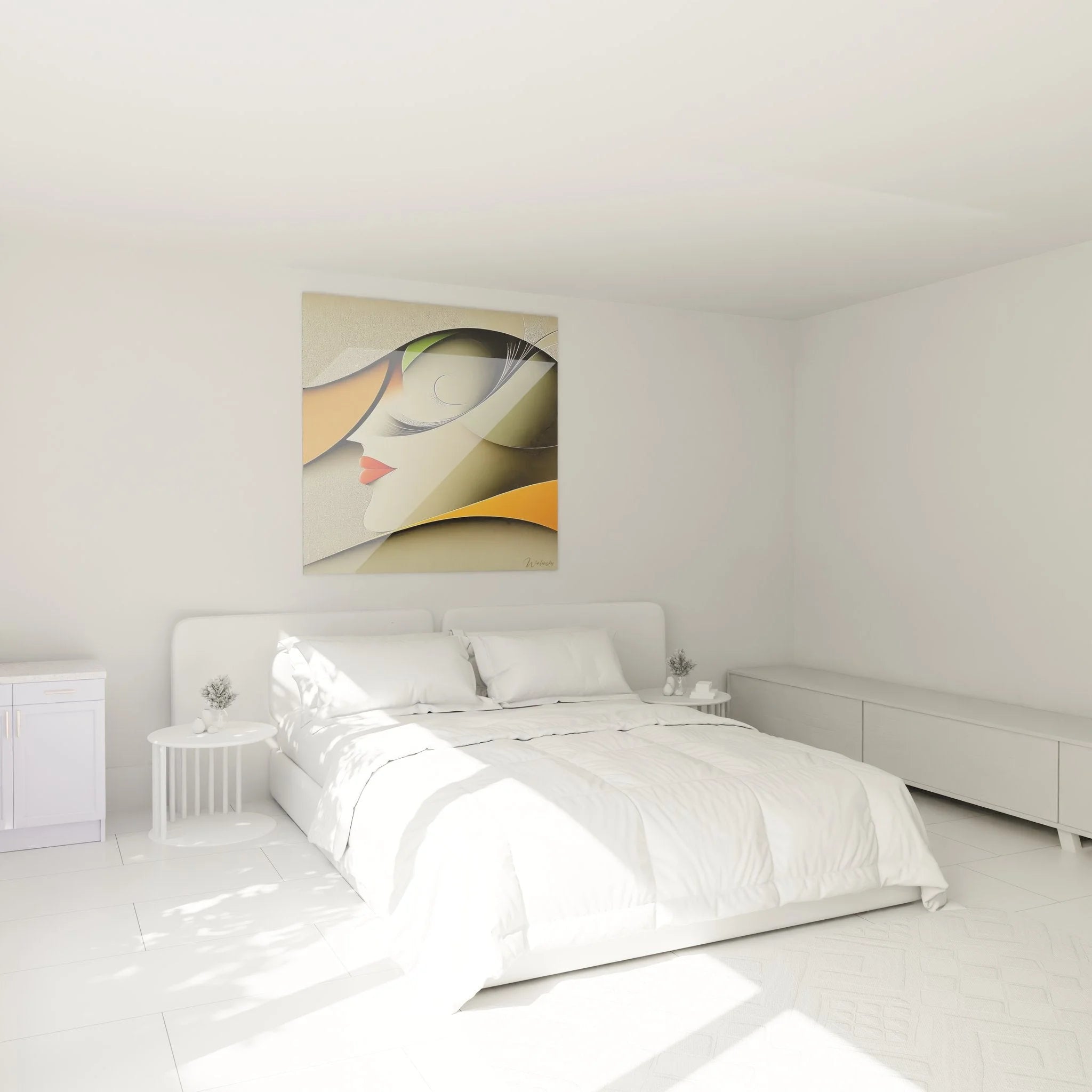 Minimalistisches Wandbild abstrakte Frau in Schlafzimmer Ambiente mit warmer Beleuchtung