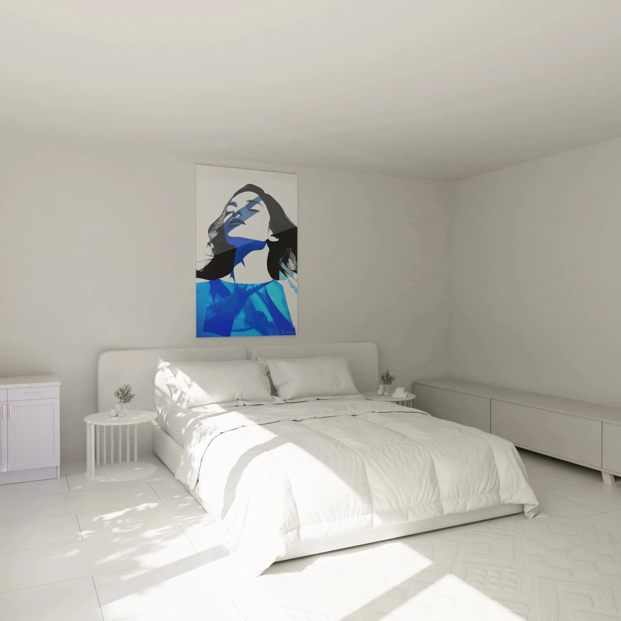 Wandbild abstrakte Frau blau in modernem Schlafzimmer dekoriert - Corot Edition