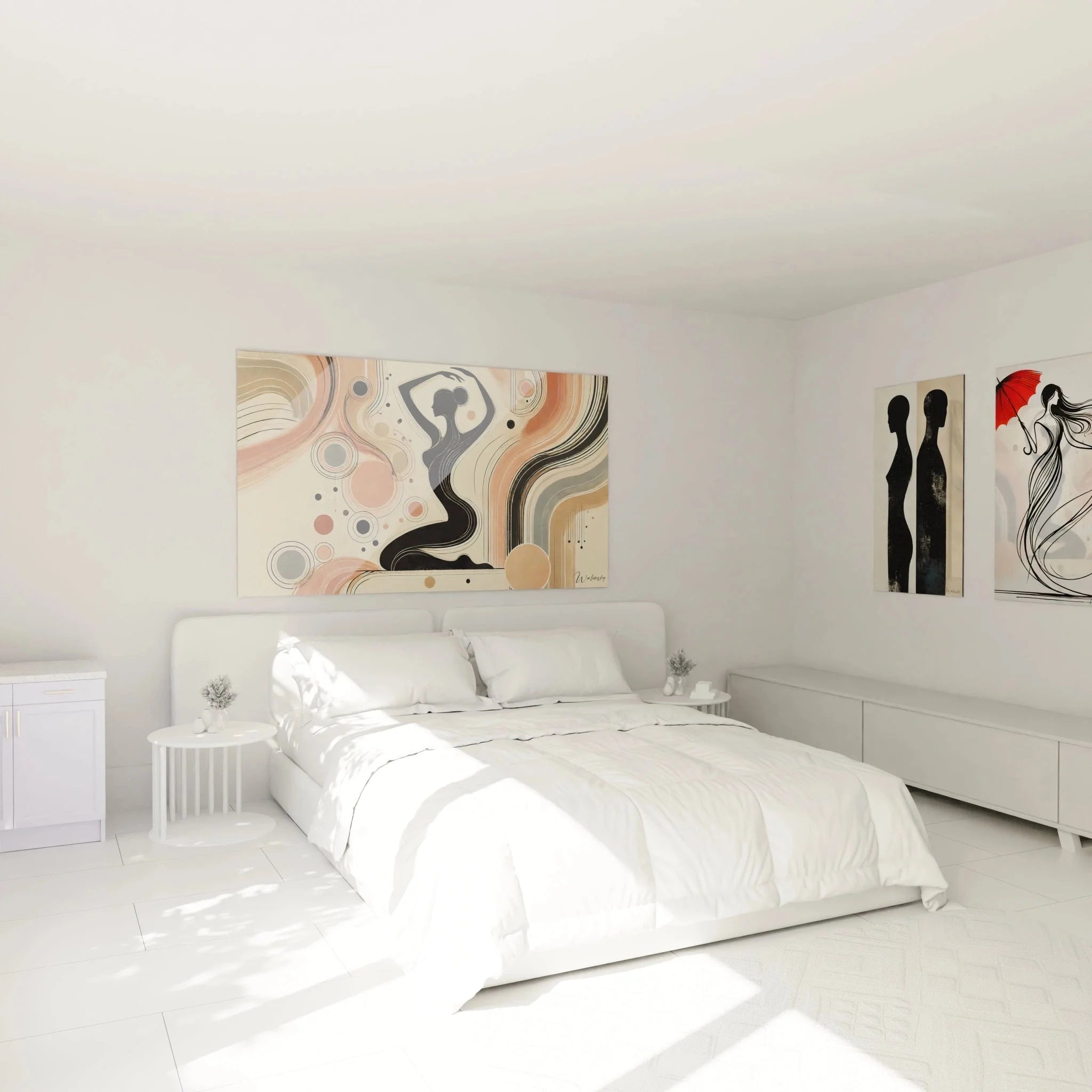 Elegantes Wandbild abstrakte Frau über Bett im Schlafzimmer - warme Erdtöne Wandkunst