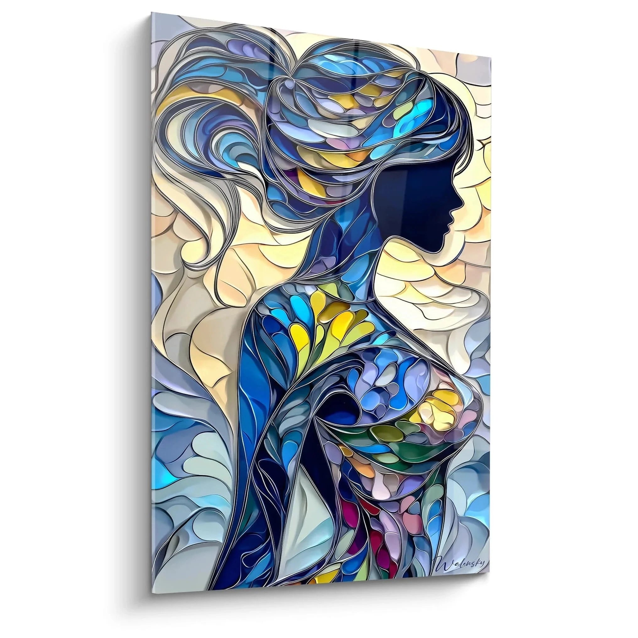 Wandbild abstrakte Frauensilhouette in fließenden Blautönen mit goldenen Akzenten - weibliche Schönheit