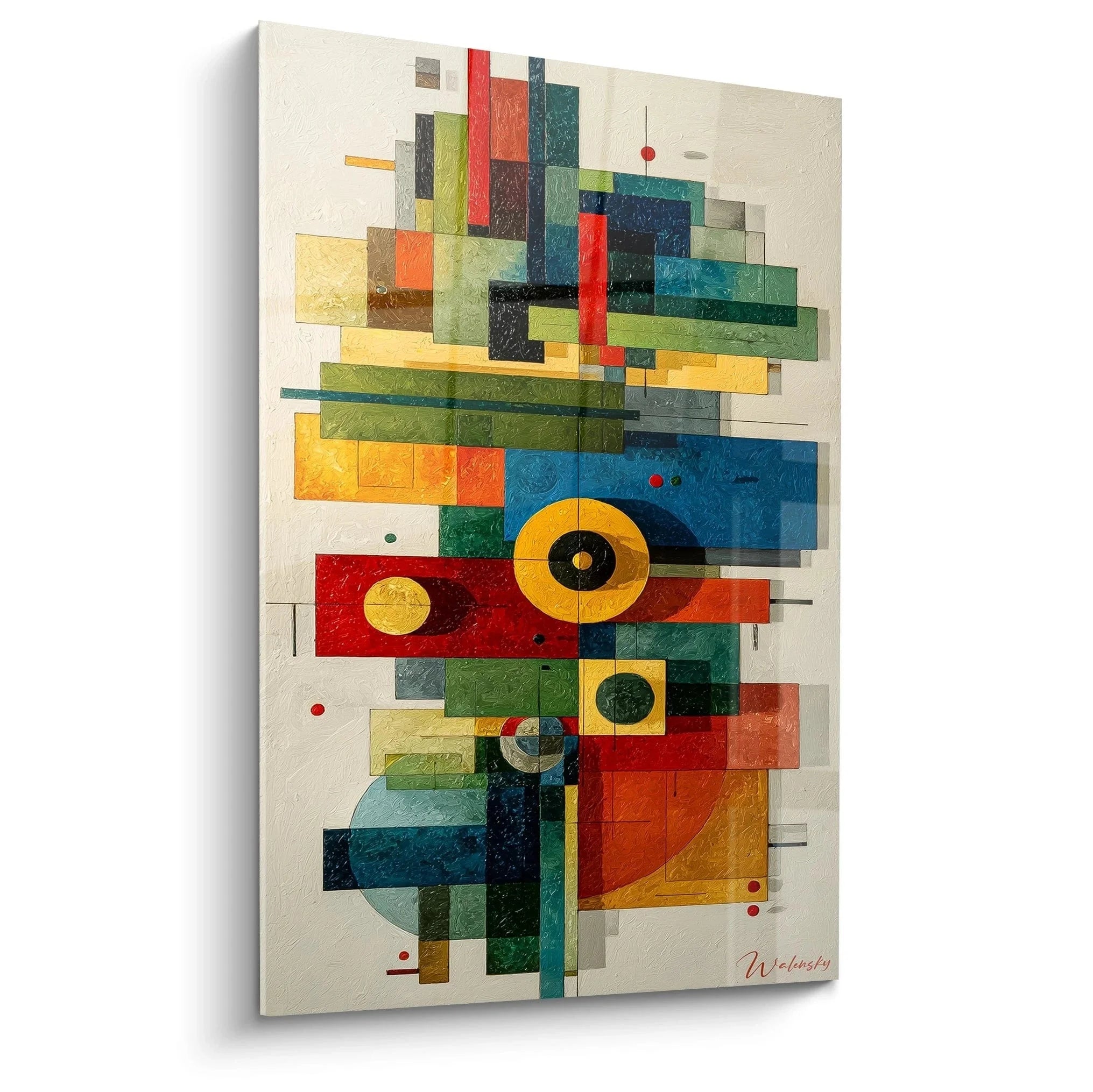 Wandbild abstrakte Geometrie Bauhaus Stil mit geometrischen Formen und Kreisen in bunten Farben