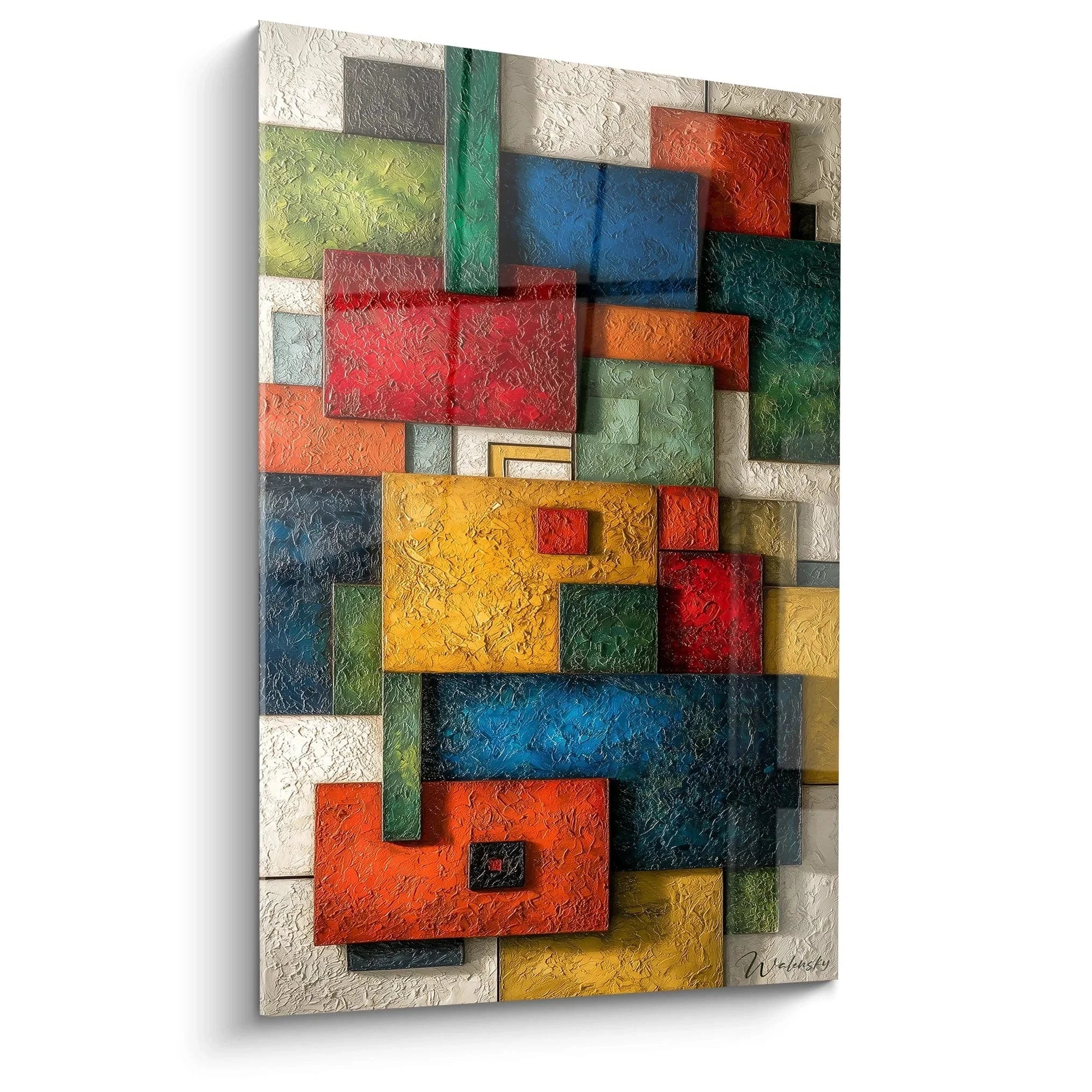 Wandbild abstrakte Geometrie Bauhaus Stil mit bunten geometrischen Formen und strukturierter Oberfläche