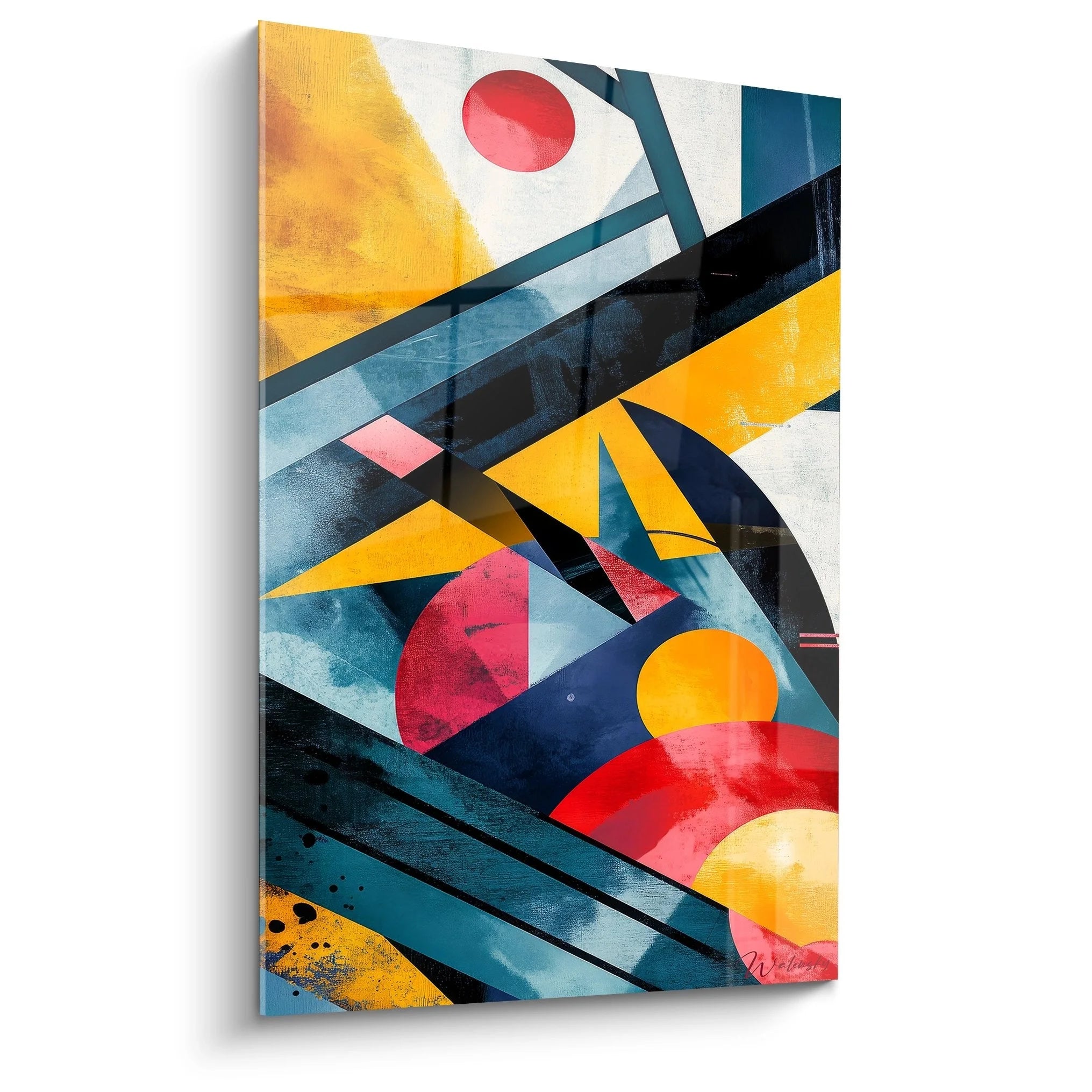 Geometrisches Wandbild mit abstrakten Formen in Gelb, Blau und Rot - moderne Wandkunst