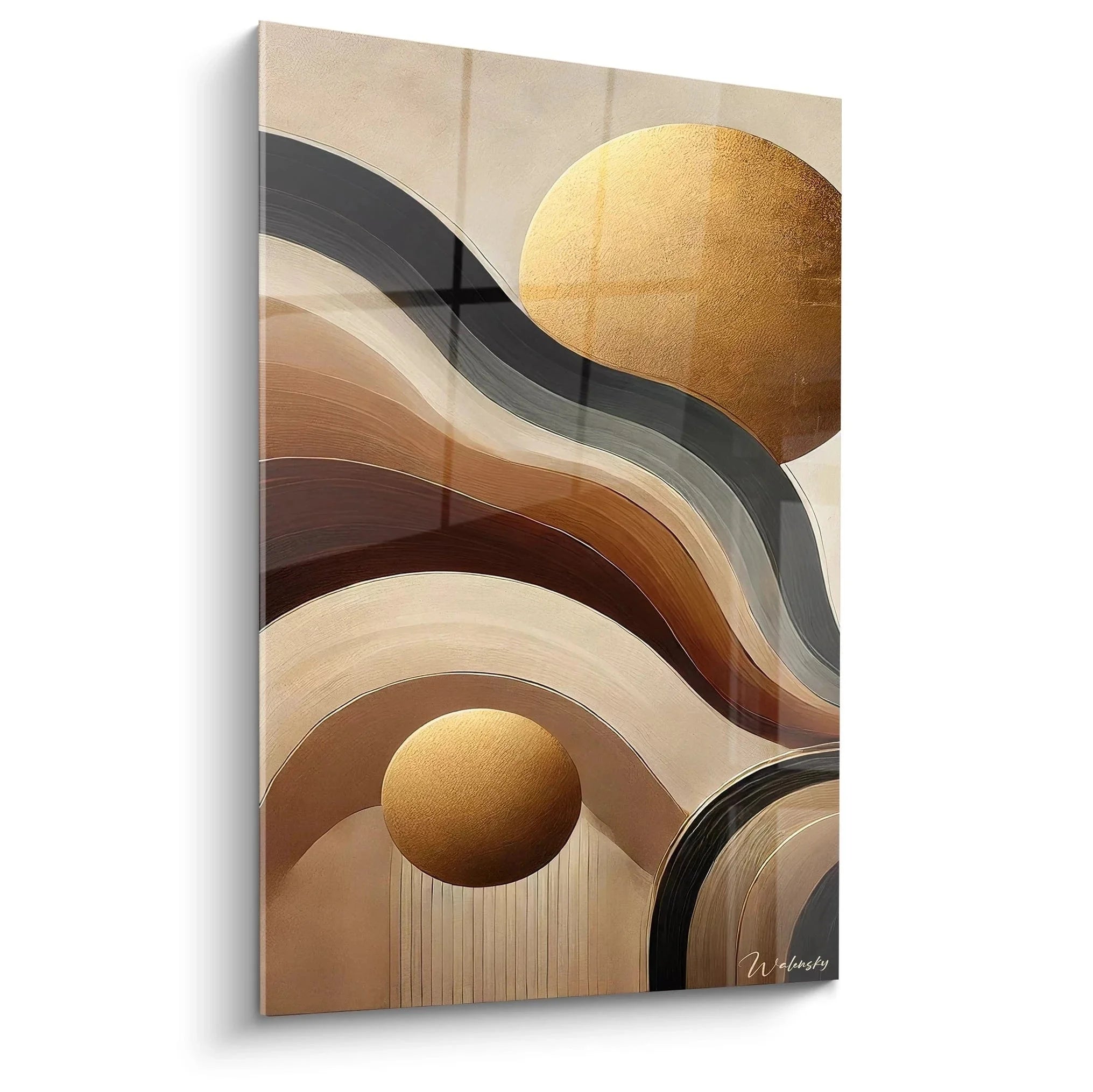 Wandbild abstrakte Geometrie mit goldenen Sphären und Erdtönen im Afrika Design