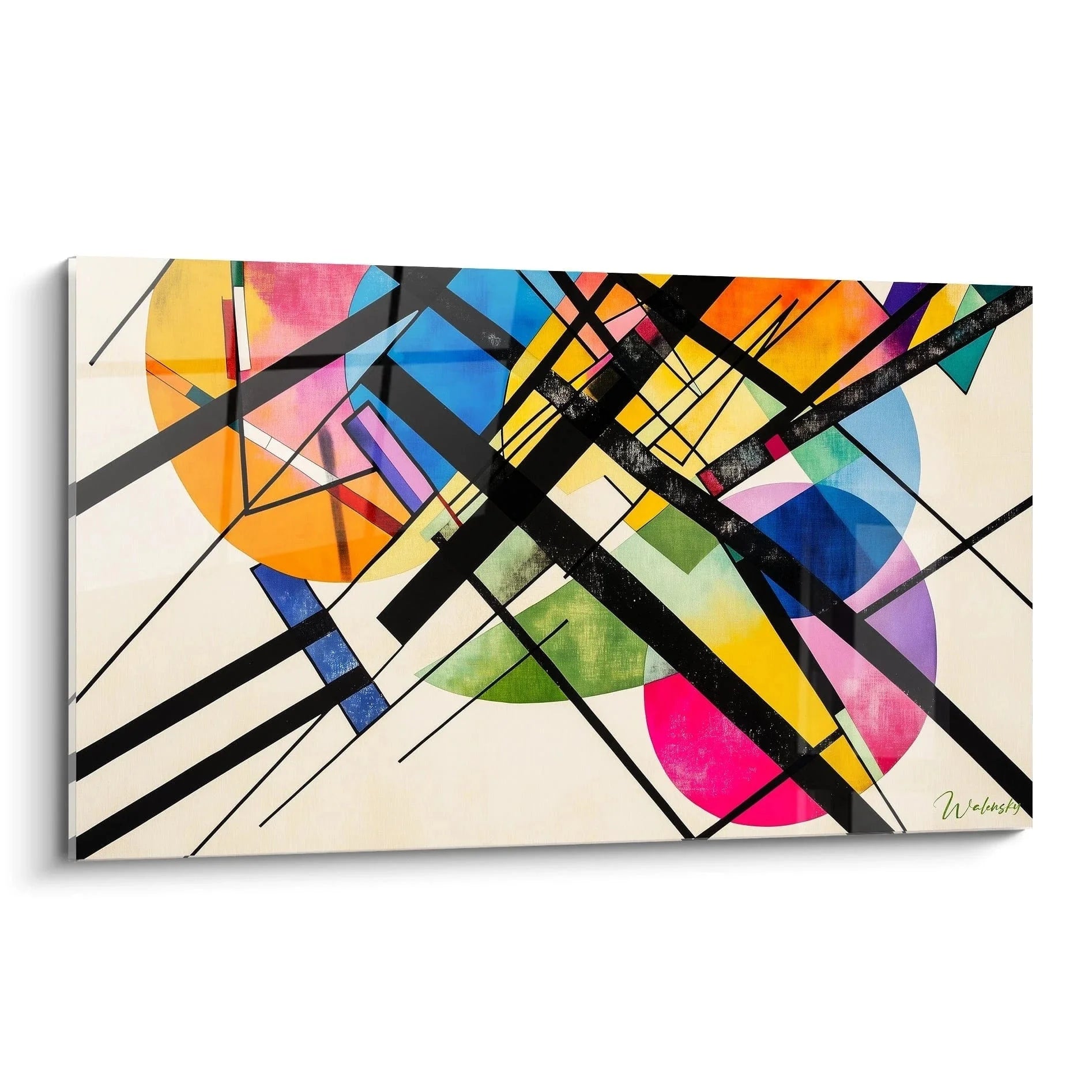 Wandbild abstrakte Geometrie mit schwarzen Linien und bunten Farbfeldern im Kandinsky Stil