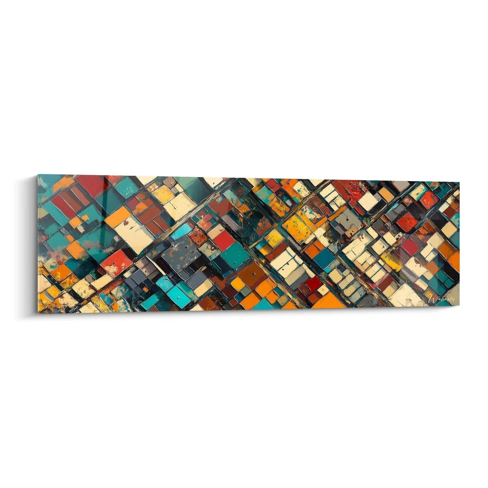 Kubistisches Wandbild mit bunten geometrischen Quadraten im Mosaik-Stil, abstrakte Kunst für moderne Wanddekoration