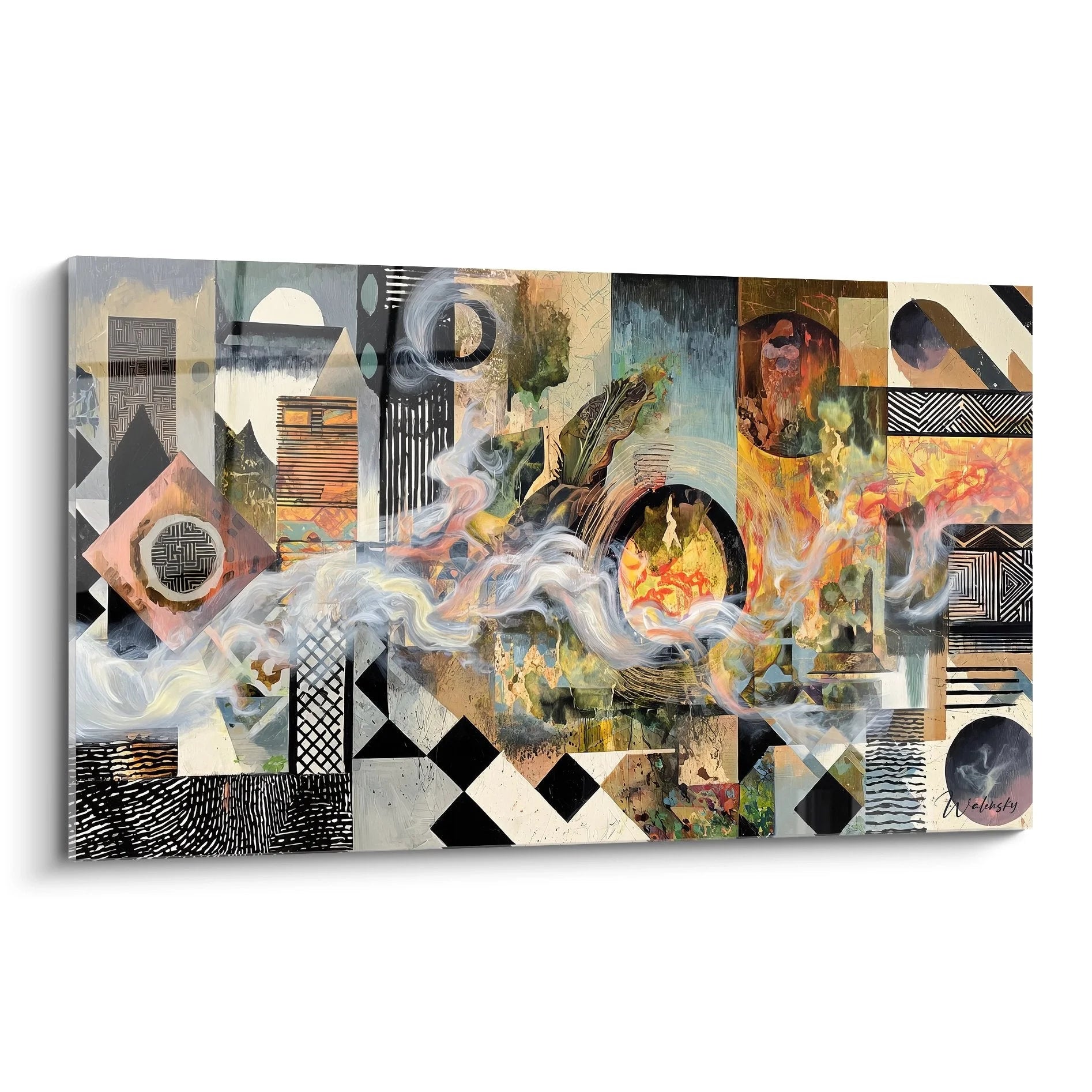Wandbild abstrakte Geometrie mit surrealen Formen in Grau, Orange und Blau - Edition Surrealismus