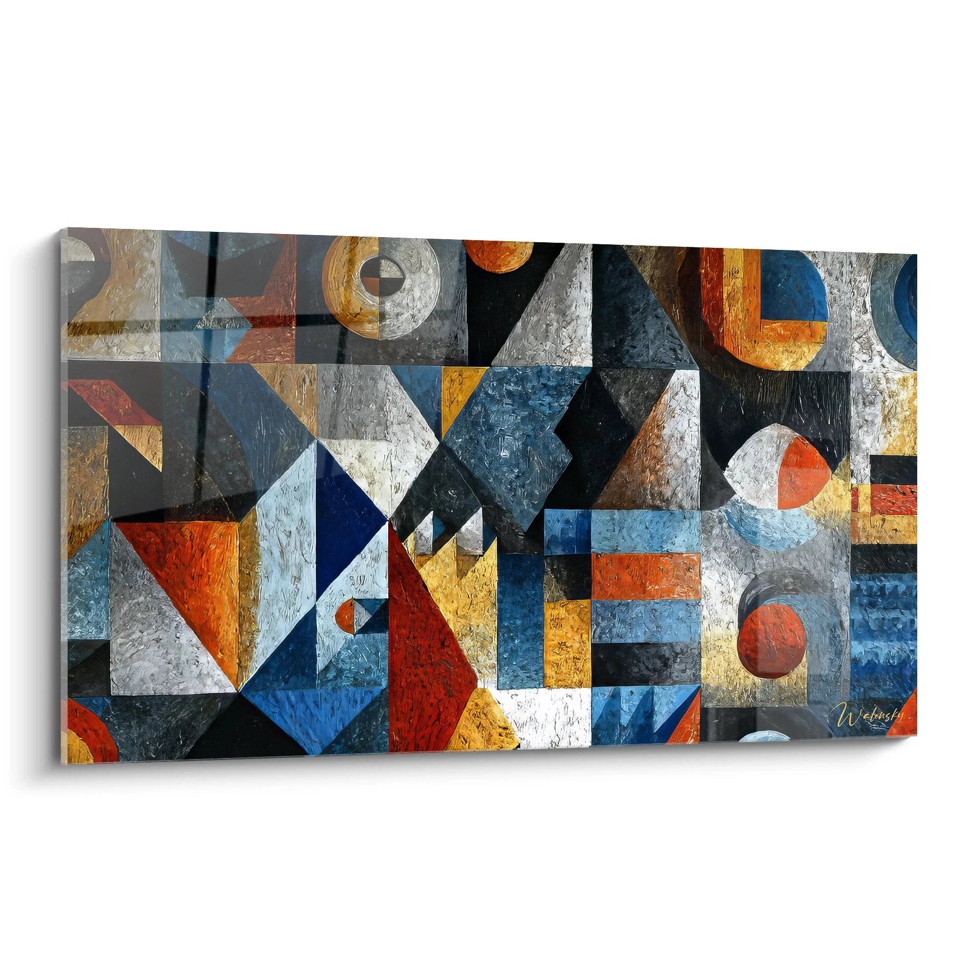 Wandbild abstrakte geometrische Komposition mit bunten Formen in warmen Erdtönen und Blautönen