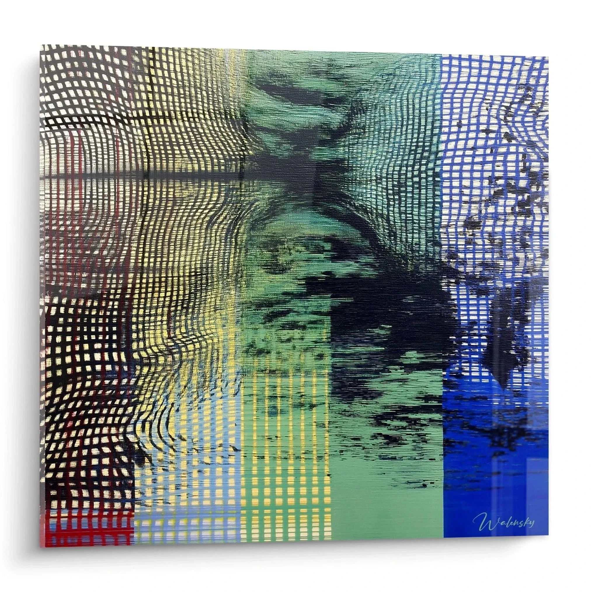 Wandbild abstrakte Gitterstruktur Op Art mit geometrischen Mustern und Farbverlauf von Gelb zu Blau