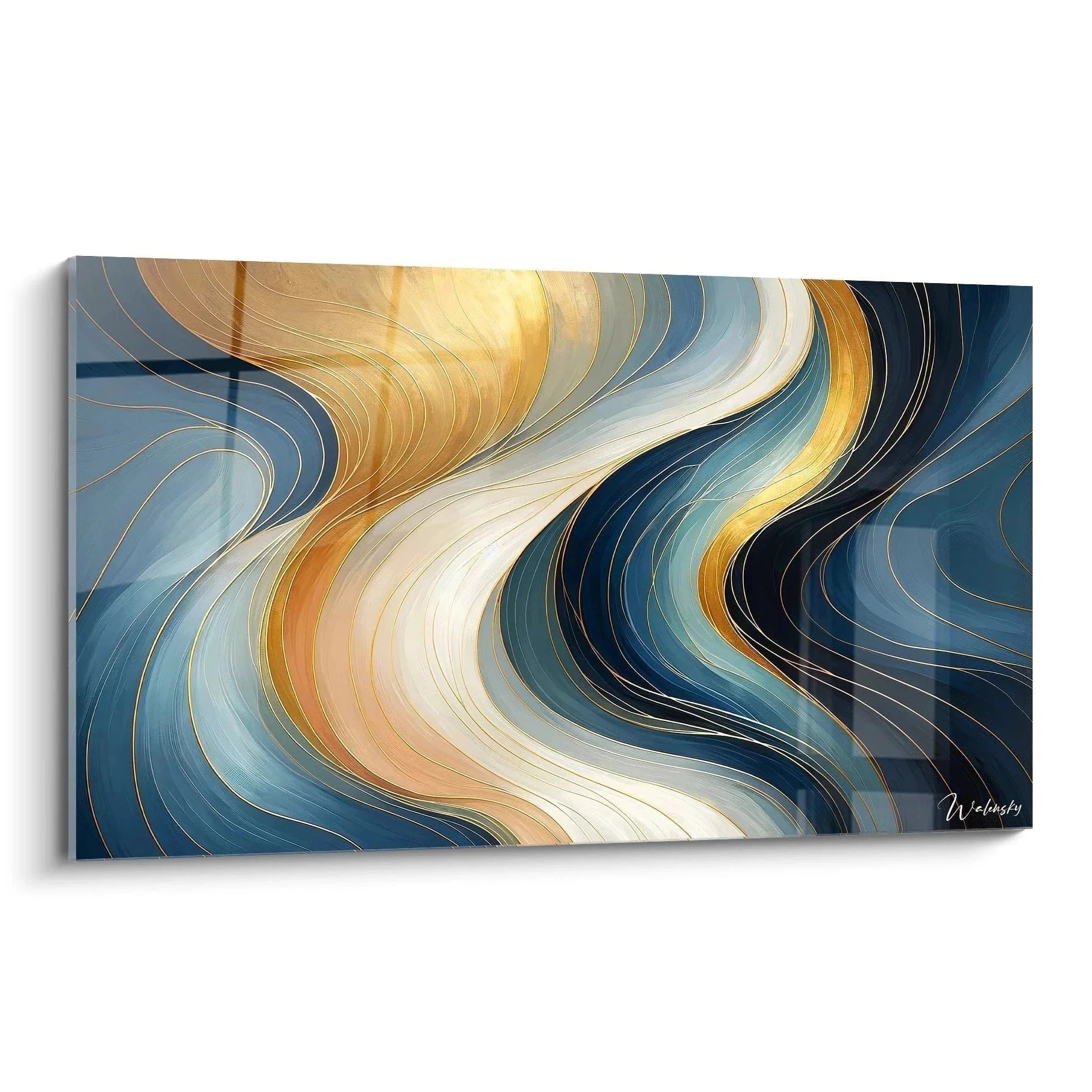 Wandbild abstrakte goldene Wellen in Blautönen zeitgenössische Malerei moderne Kunst