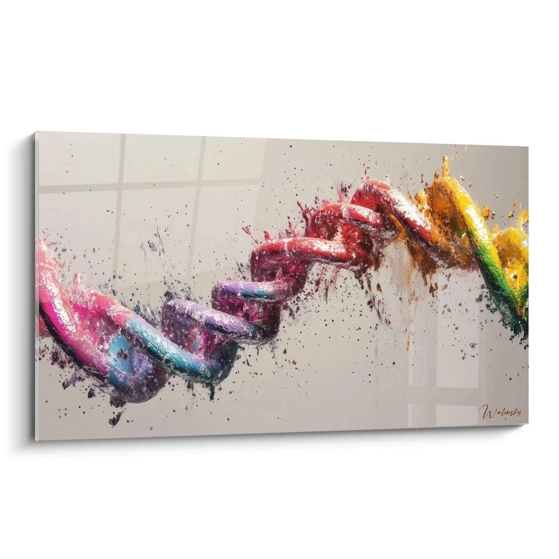 Wandbild abstrakte Hände DNA Edition mit bunten Farbspritzern auf cremefarbenem Hintergrund