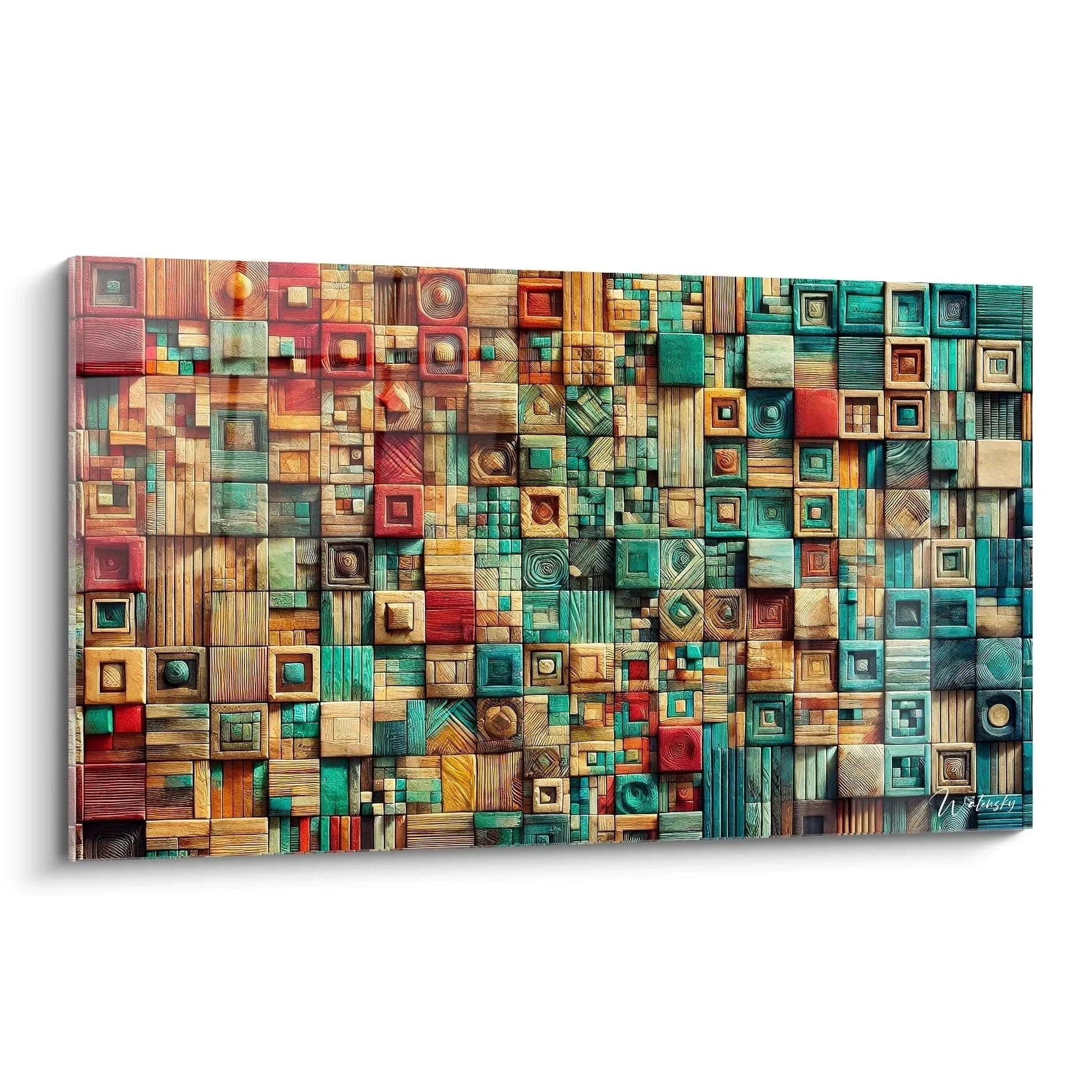 Wandbild abstrakte Holzblöcke geometrische Formen Türkis Rot moderne Wandkunst XXL