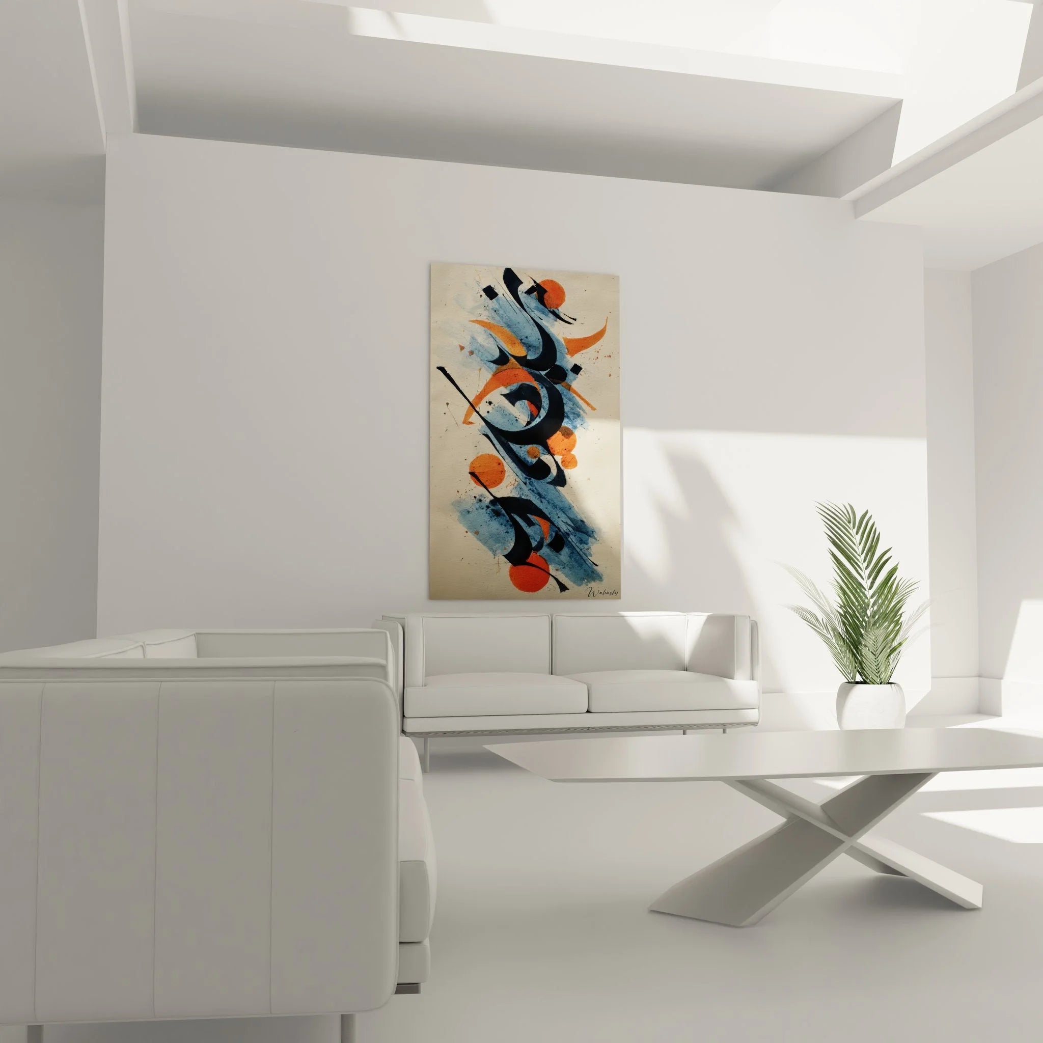 Detailaufnahme abstrakte Kalligrafie Wandbild mit dynamischen schwarzen Pinselstrichen