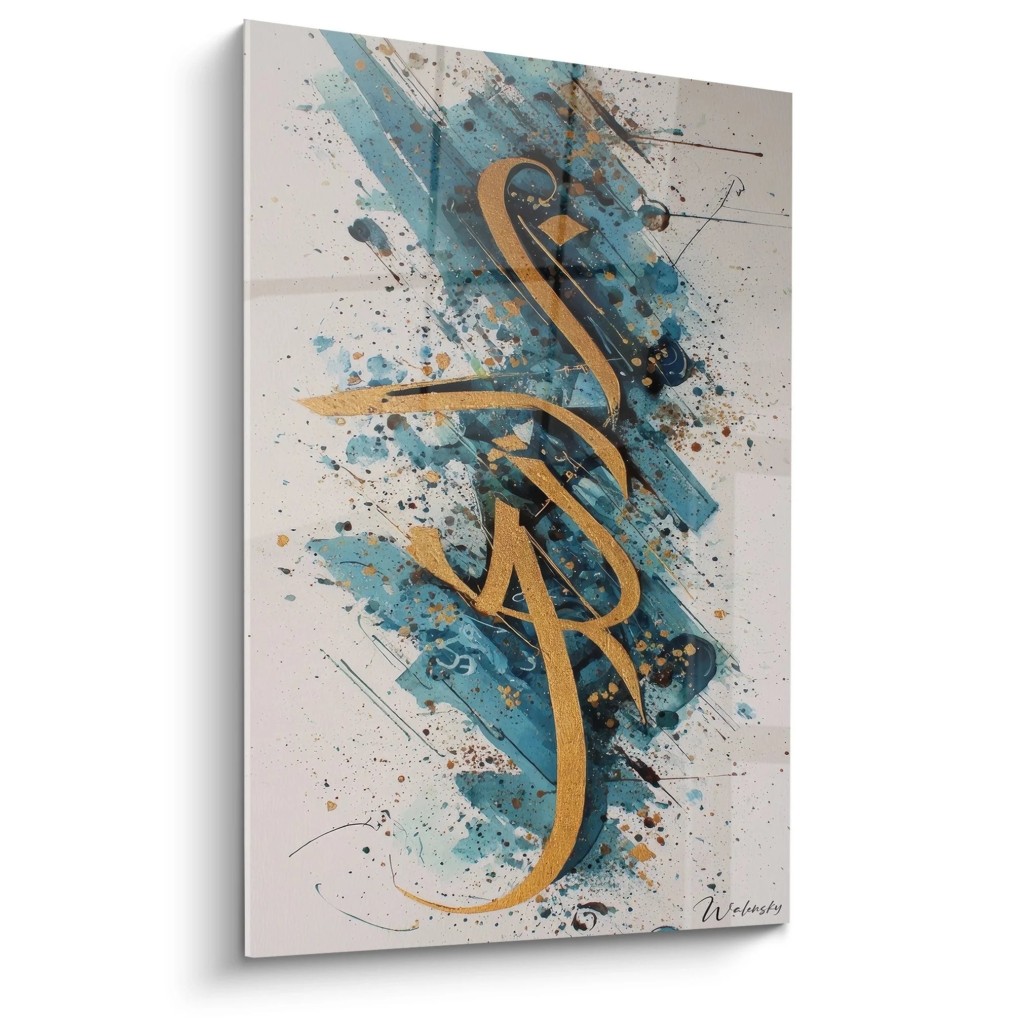 Wandbild abstrakte Kalligrafie mit goldenen Schriftzeichen auf türkis-blauem Hintergrund