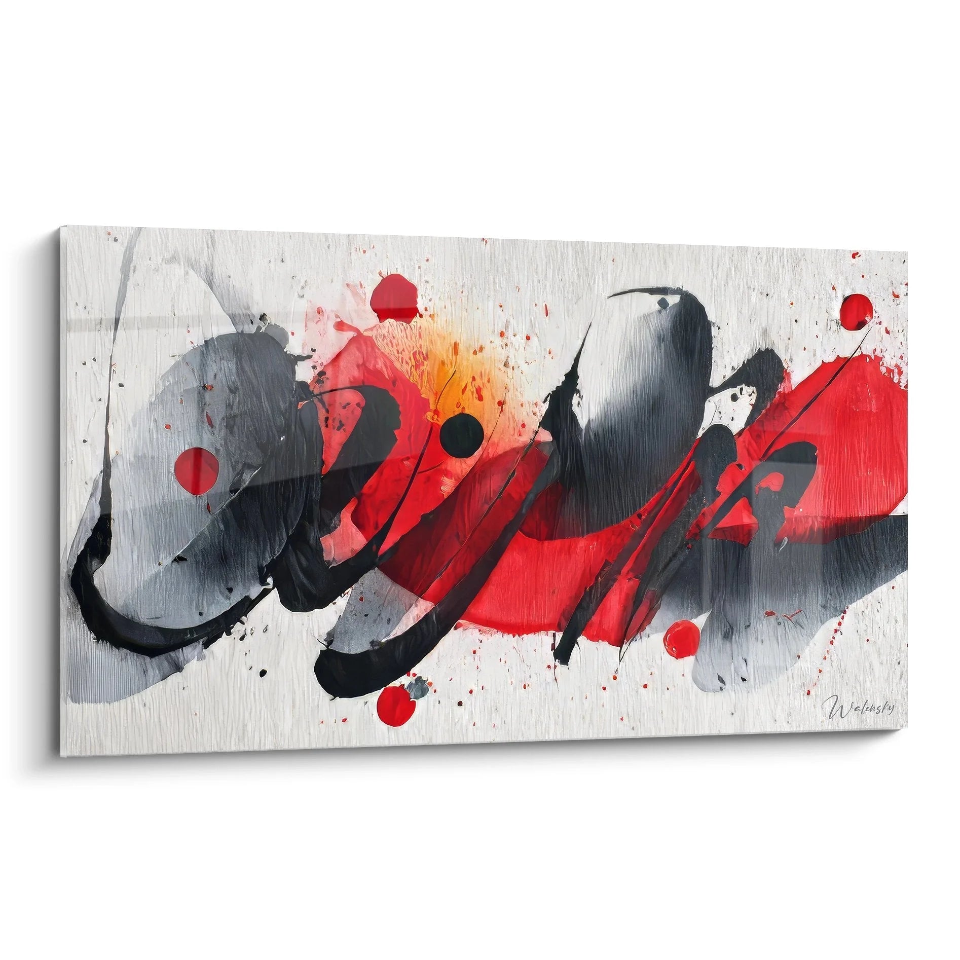 Wandbild abstrakte Kalligrafie mit roten und schwarzen Pinselstrichen auf weißem Grund