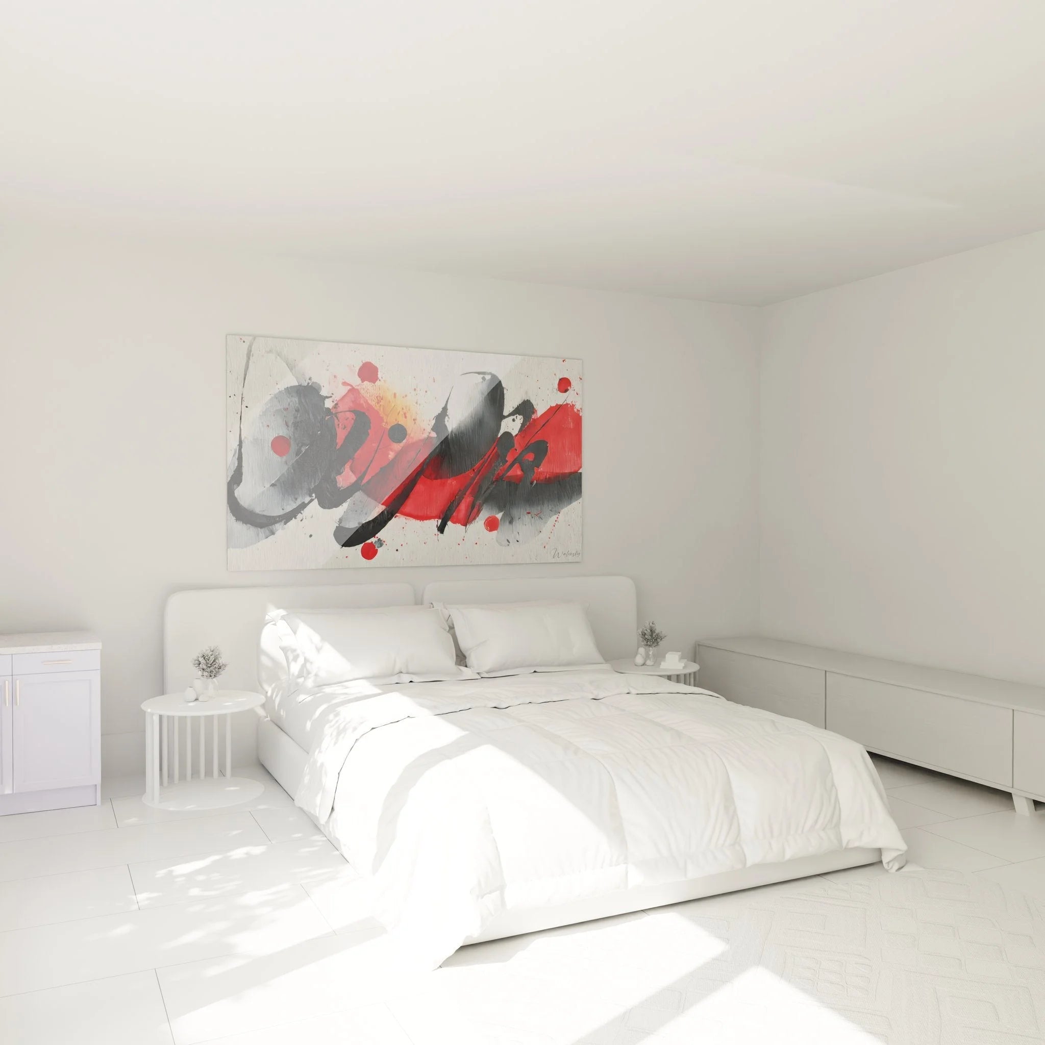 Modernes Wandbild abstrakte Kalligrafie in Schlafzimmer Ambiente mit roter Dekoration
