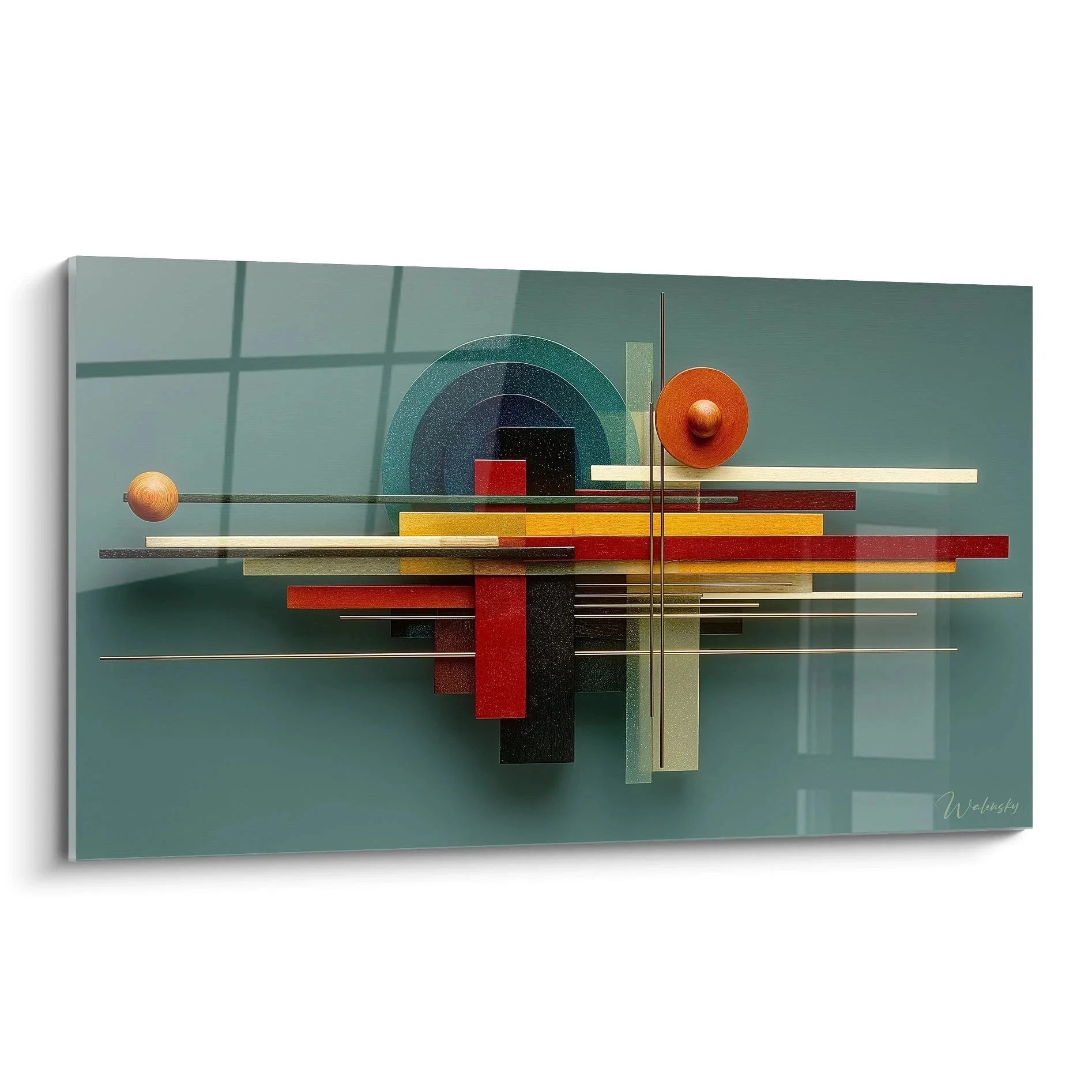 Wandbild abstrakte Komposition Bauhaus mit geometrischen Formen in Grün, Orange und Rot