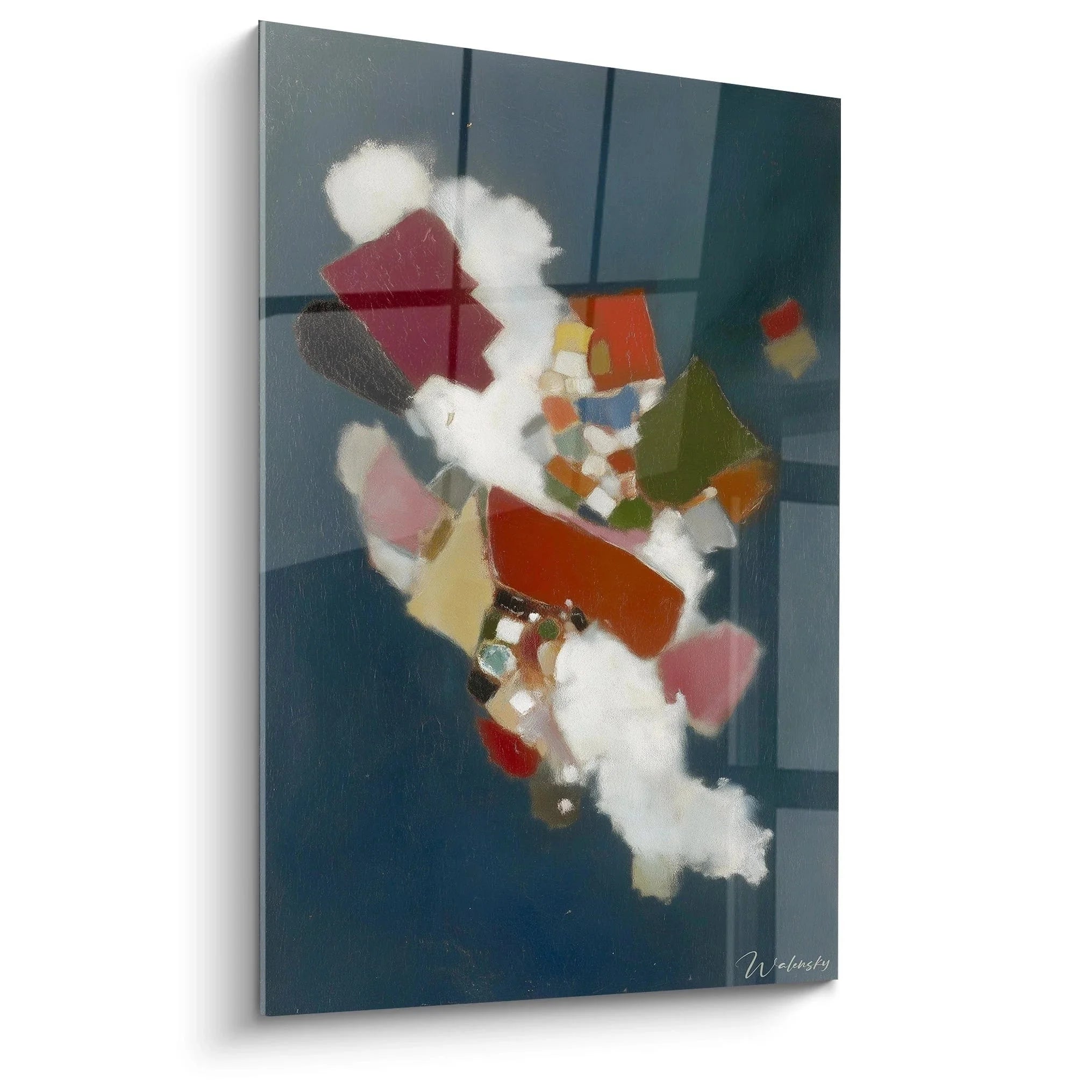 Wandbild abstrakte Komposition Dadaismus mit fragmentierten Formen und lebendigen Farben auf blauem Hintergrund