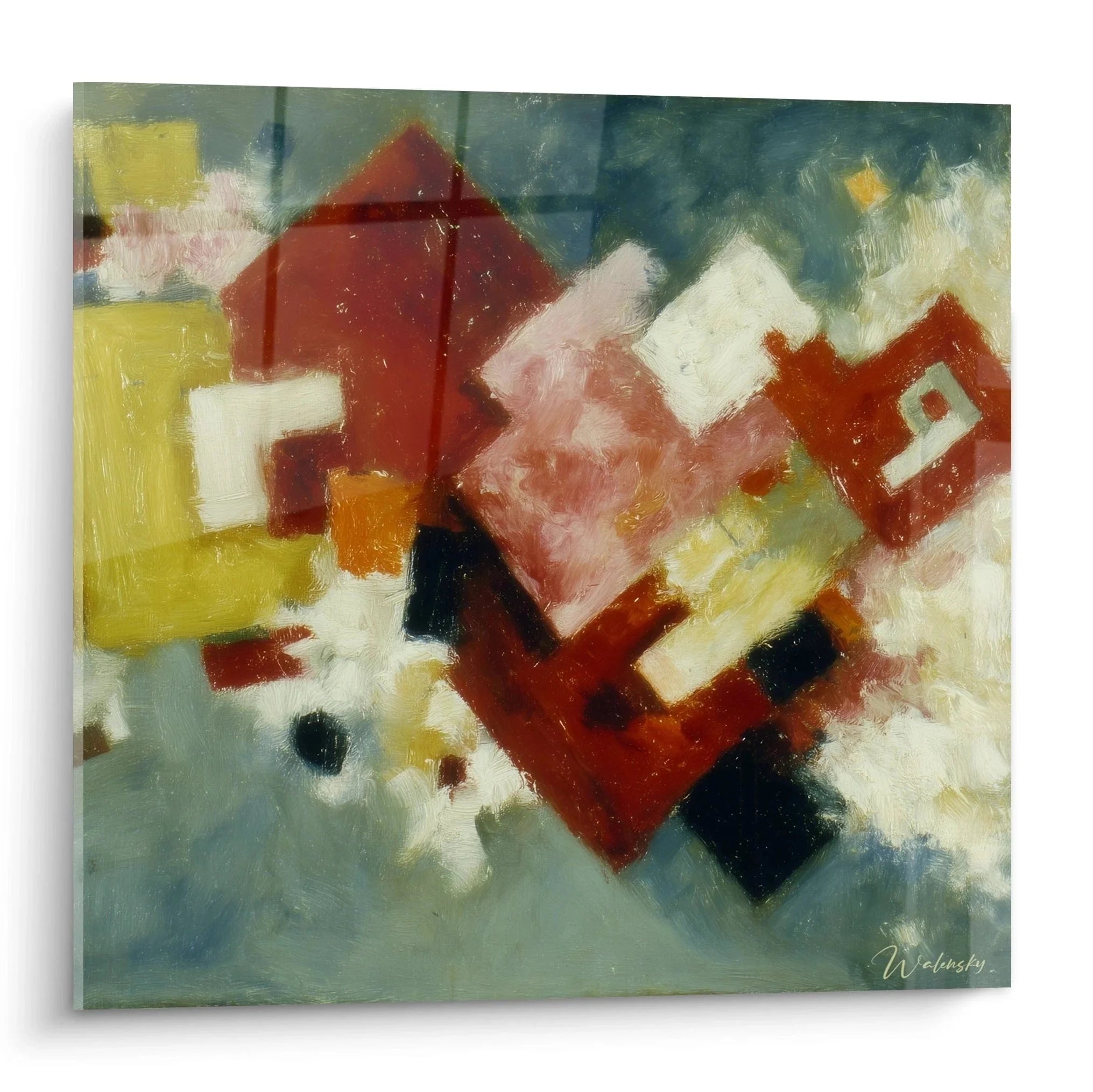 Wandbild abstrakte Komposition mit geometrischen Formen im Dadaismus Stil, rote gelbe blaue Fragmente