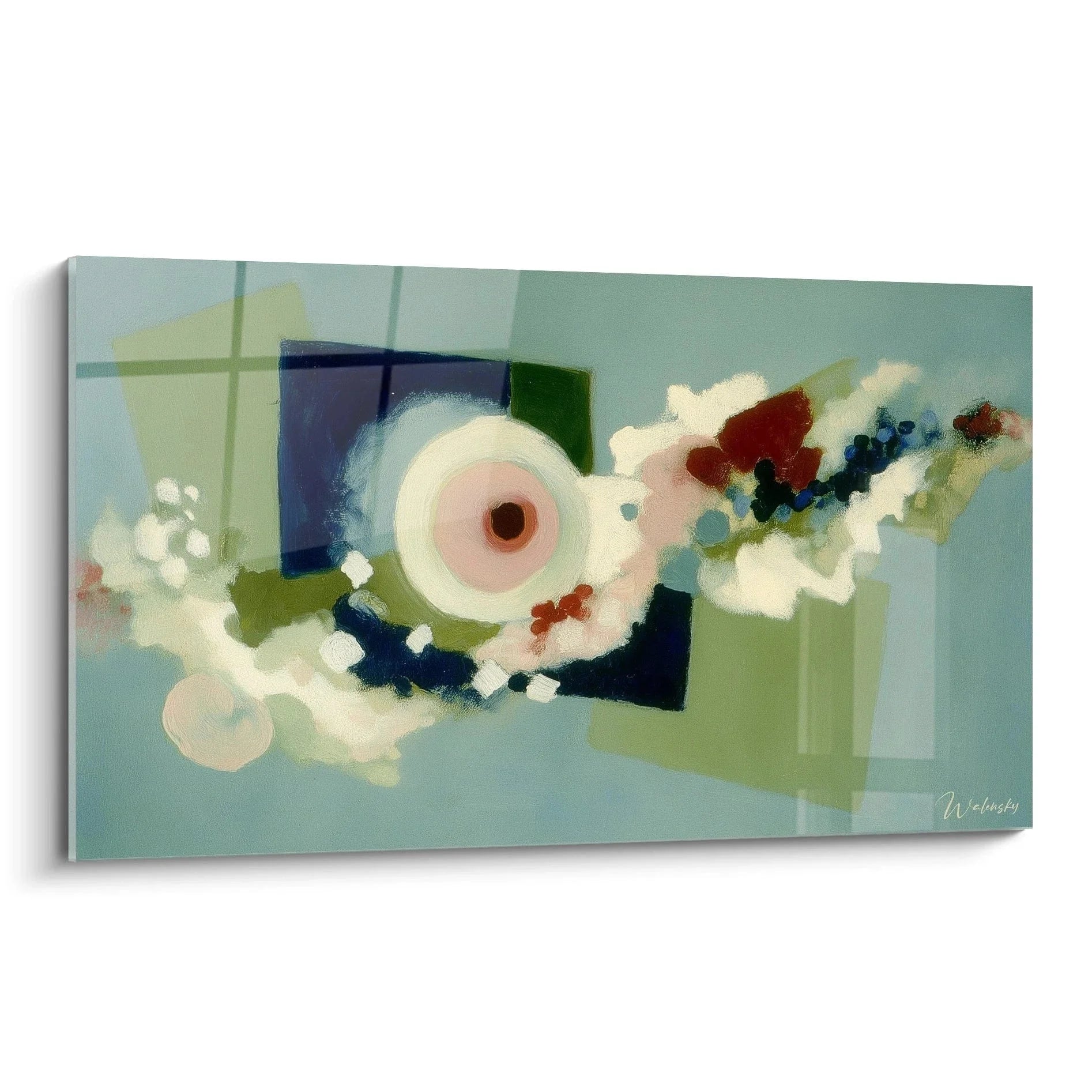 Wandbild abstrakte Komposition Dadaismus mit geometrischen Formen und Kreismotiven in Grün und Blau