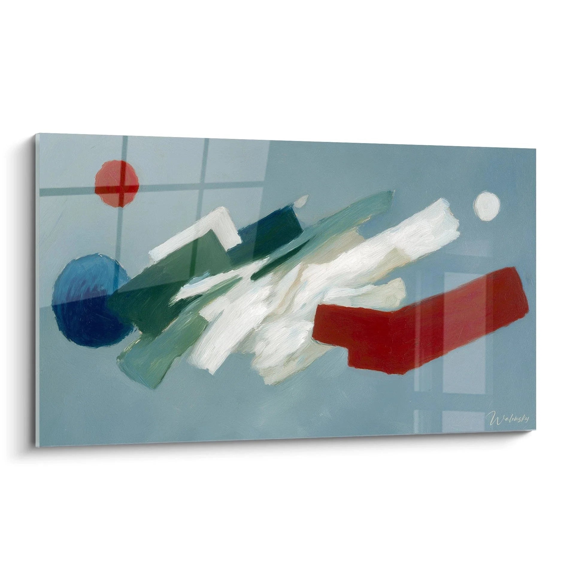 Wandbild abstrakte Komposition Dadaismus mit geometrischen Formen in Rot Blau Grün auf blaugrauem Grund