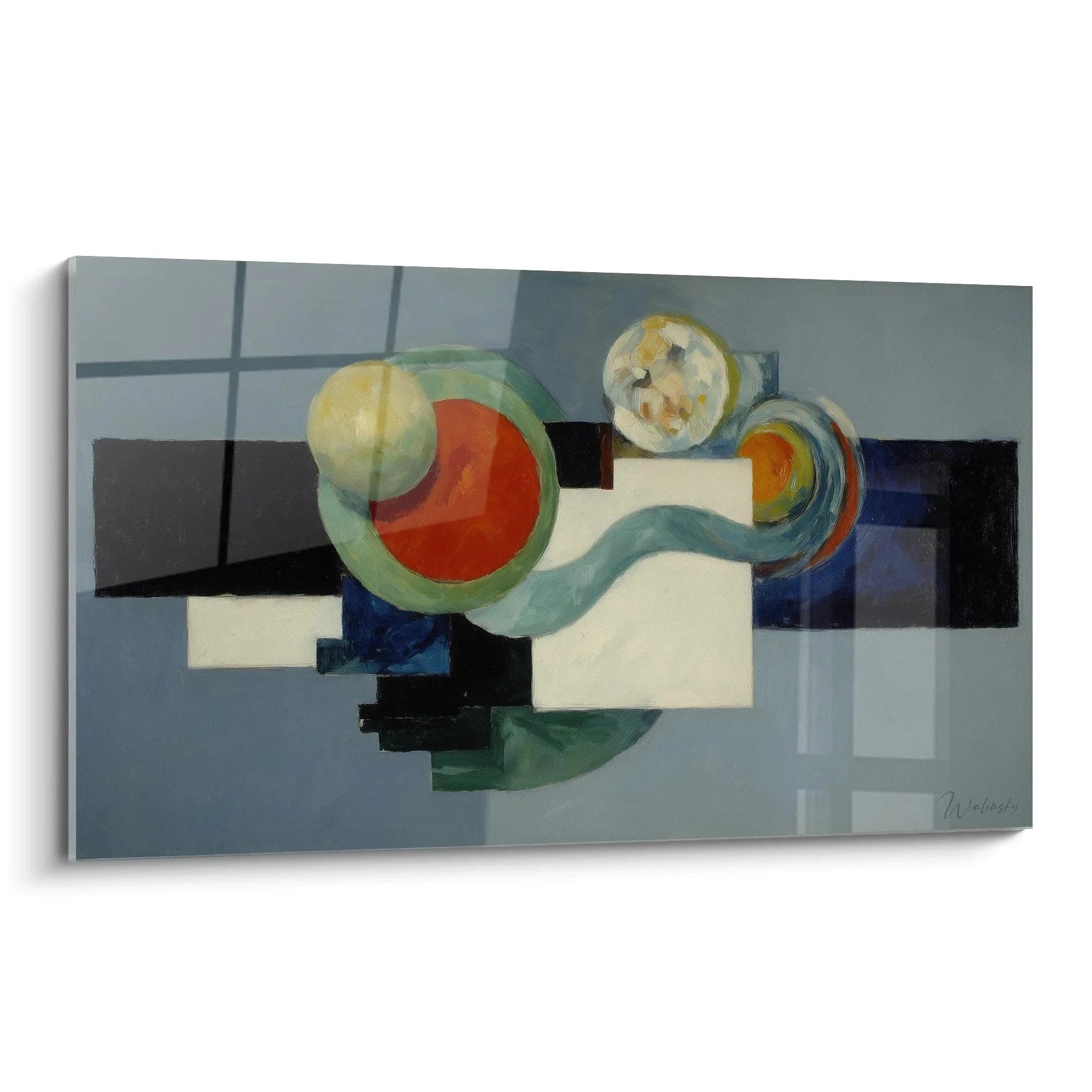 Wandbild abstrakte Komposition im Dadaismus Stil mit geometrischen Formen in Rot Grün Blau