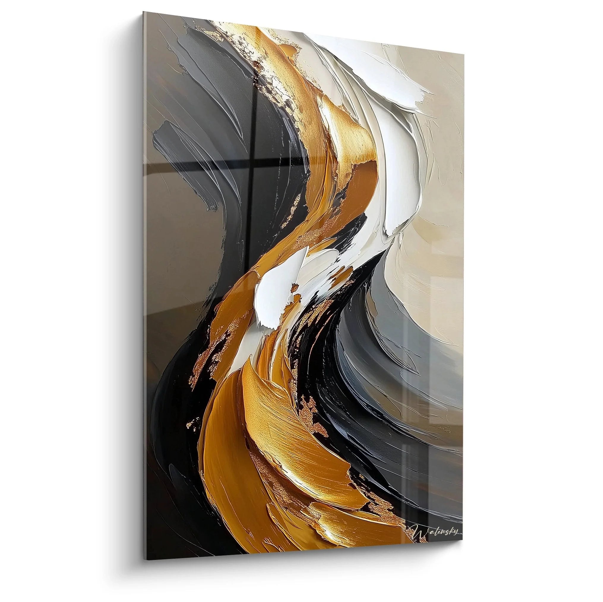 Abstraktes Wandbild mit goldenen Pinselstrichen und schwarzen Akzenten in Malerei-Optik