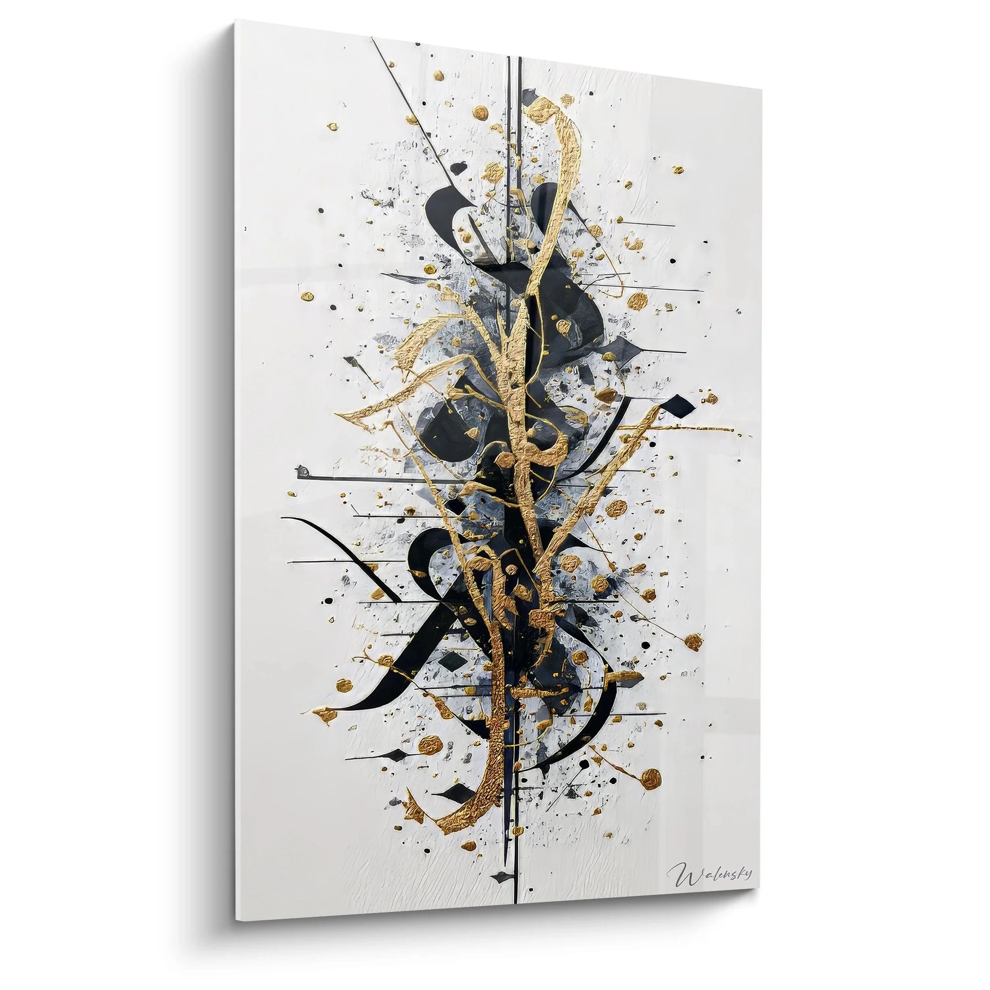 Wandbild abstrakte Komposition mit goldenen und schwarzen Elementen auf weißem Hintergrund