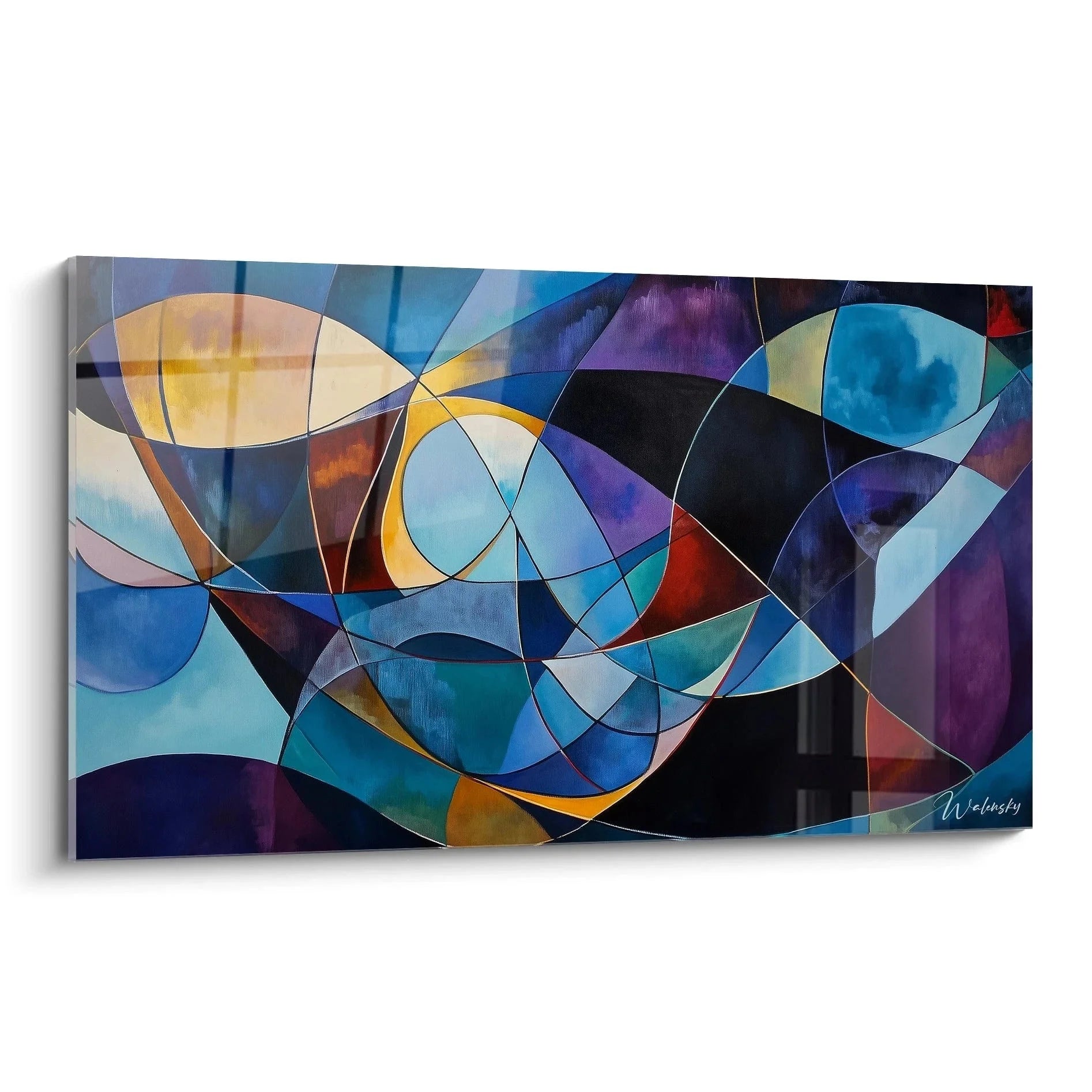 Wandbild abstrakte geometrische Komposition Kandinsky Stil mit blauen und orangen Farbtönen