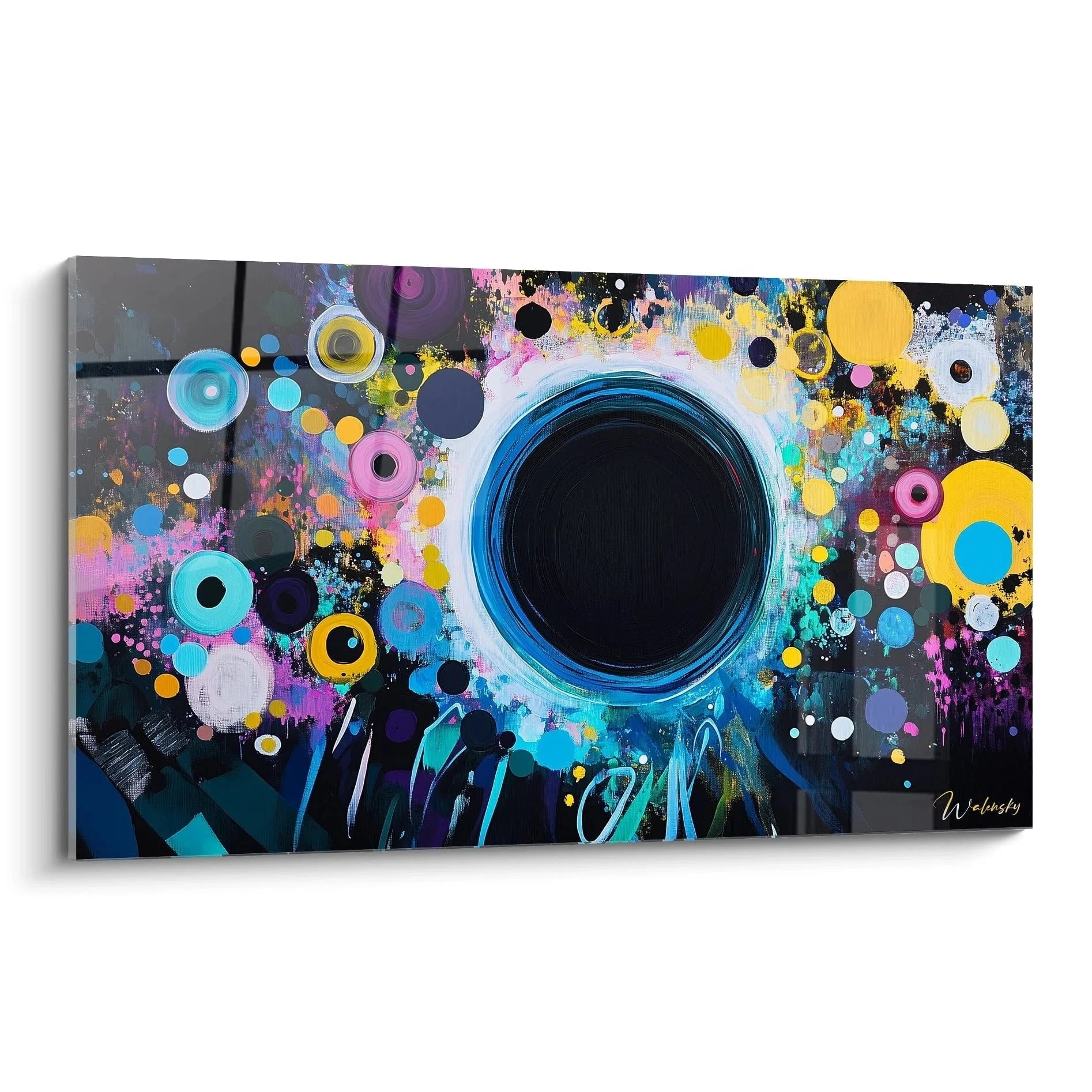 Wandbild abstrakte Komposition Kandinsky Stil mit kosmischem Wirbel und bunten Kreisen moderne Wandkunst