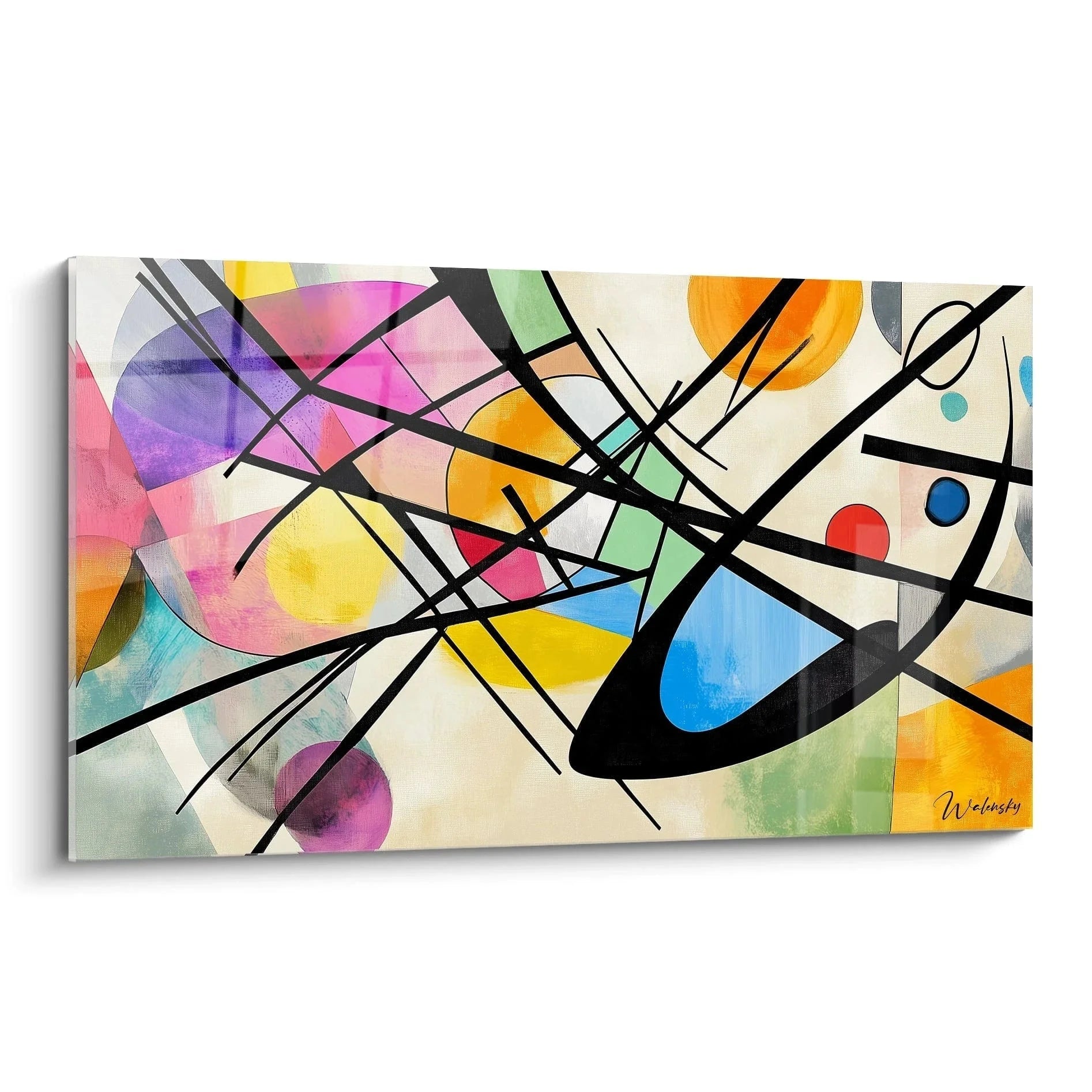 Wandbild abstrakte Komposition mit dynamischen Linien und leuchtenden Farben im Kandinsky Stil